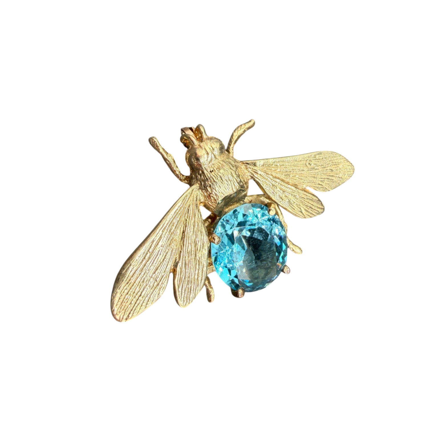 Antique 14K Yellow Gold Bee Brooch with Aquamarine
