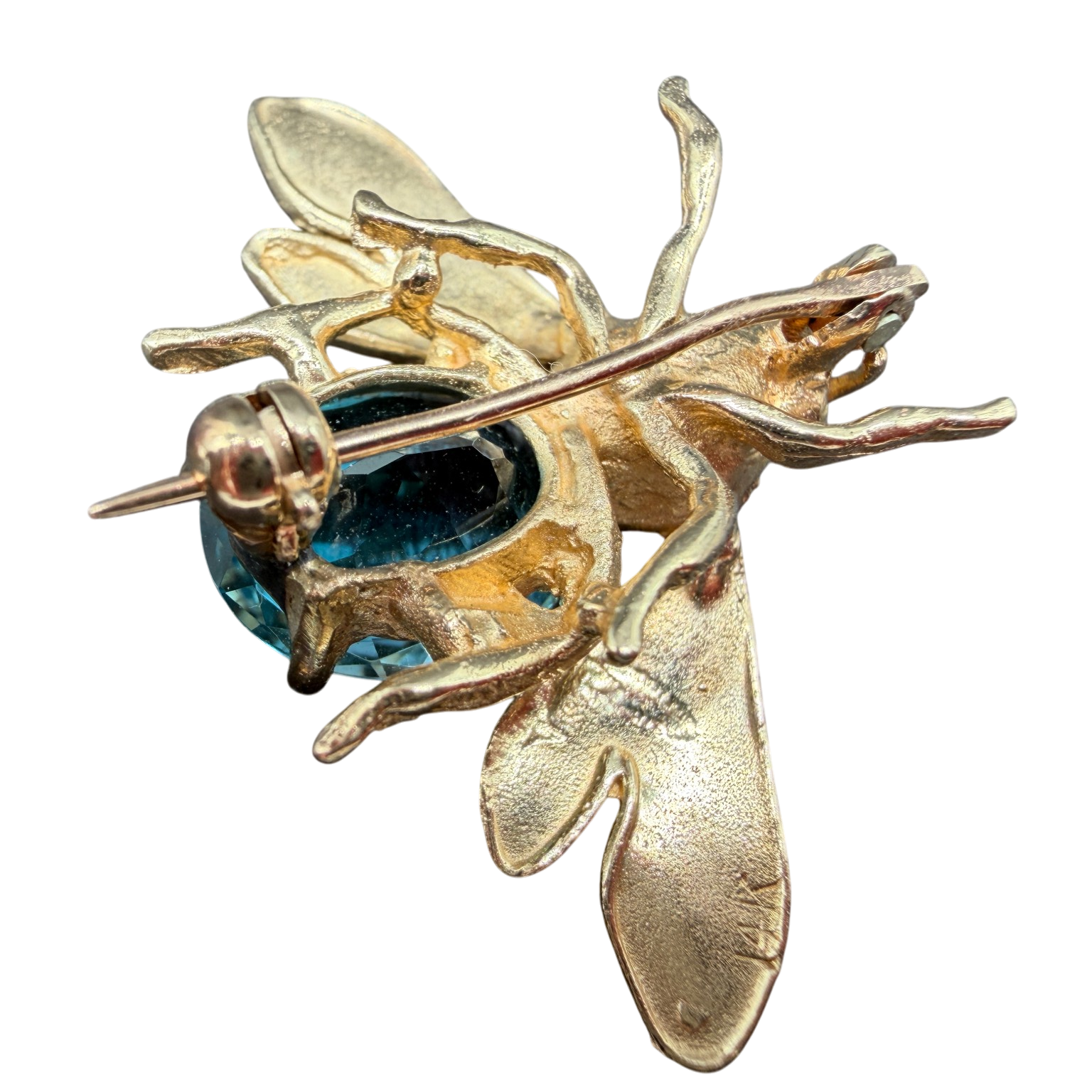 Antique 14K Yellow Gold Bee Brooch with Aquamarine