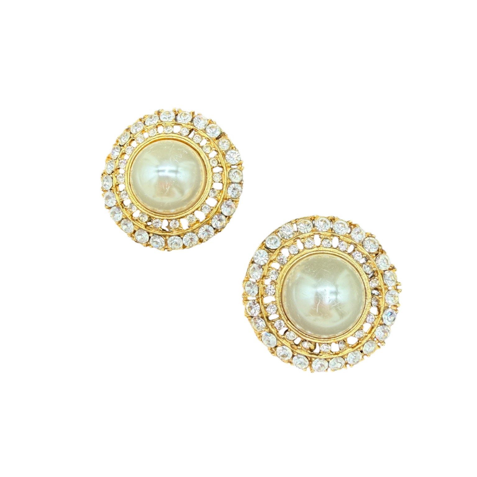 1960s Heidi Daus for Jim Walters Gold-Tone Disc Clip Earrings with Rhinestones and Faux Pearl