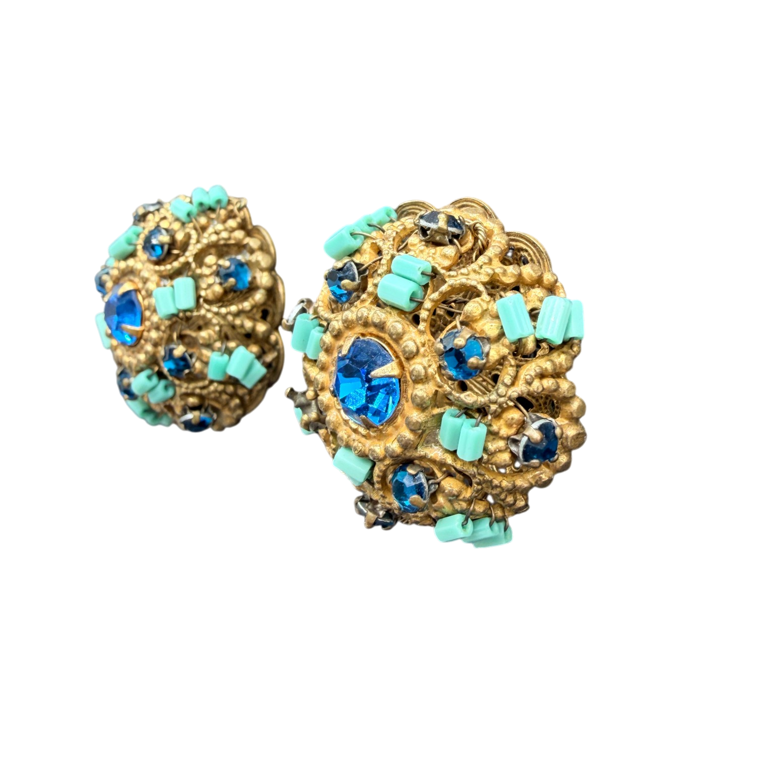 1950s Miriam Haskell Royal Blue Rhinestone & Turquoise Bubble Earrings