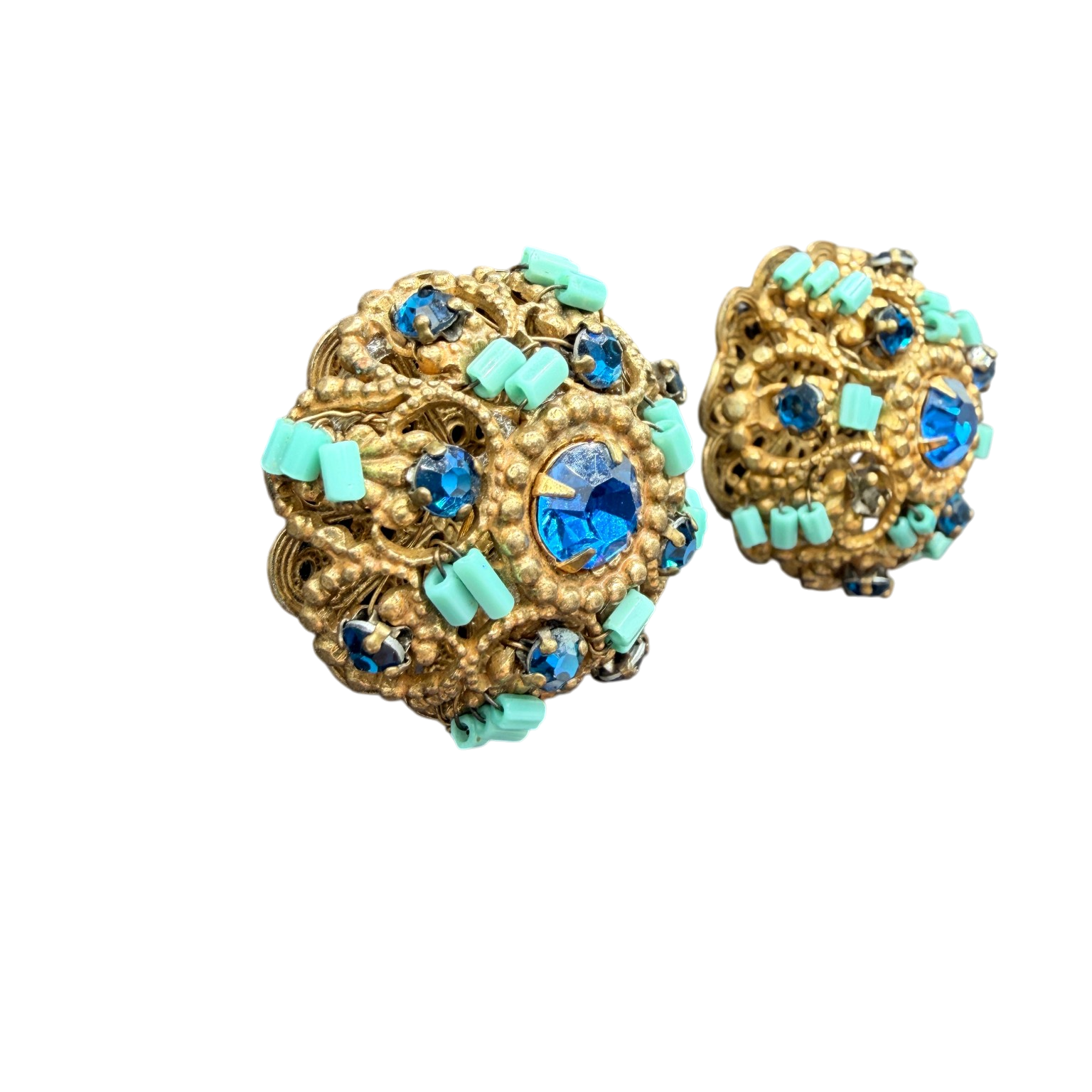 1950s Miriam Haskell Royal Blue Rhinestone & Turquoise Bubble Earrings