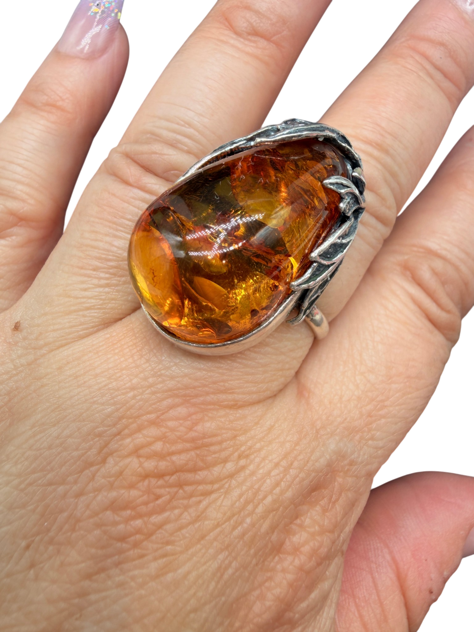 1970s Sterling Silver Cognac Amber Ring with Leaf Surround