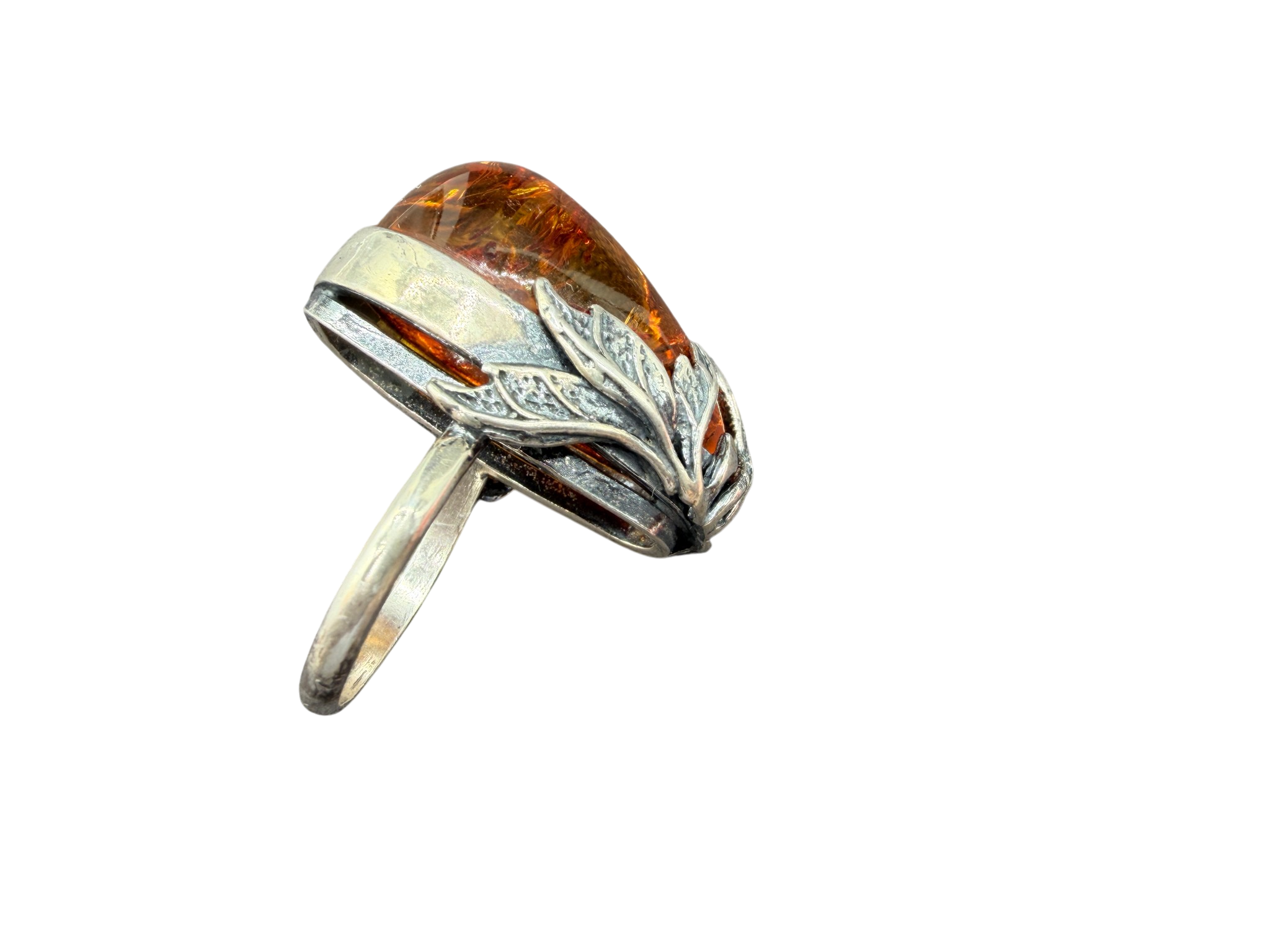 1970s Sterling Silver Cognac Amber Ring with Leaf Surround