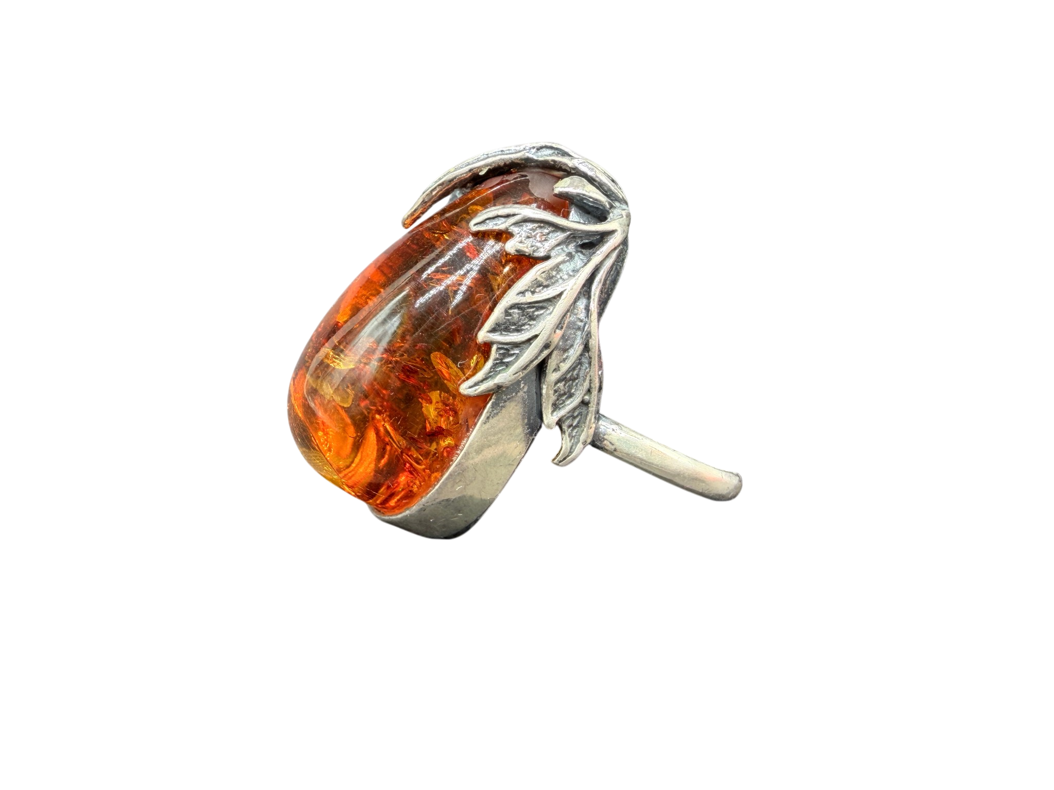 1970s Sterling Silver Cognac Amber Ring with Leaf Surround
