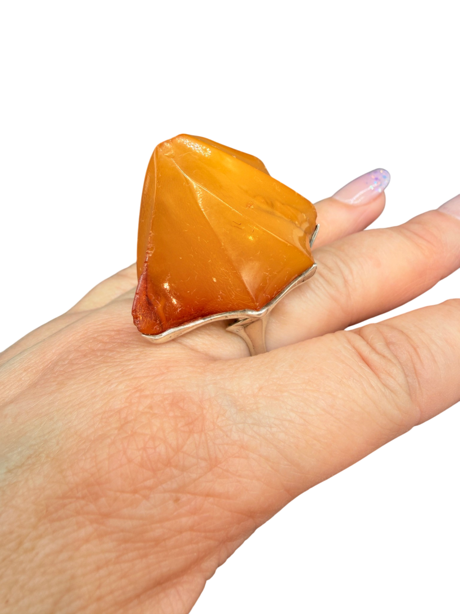 1970s Sterling Silver Brutalist Ring with Carved Butter Amber