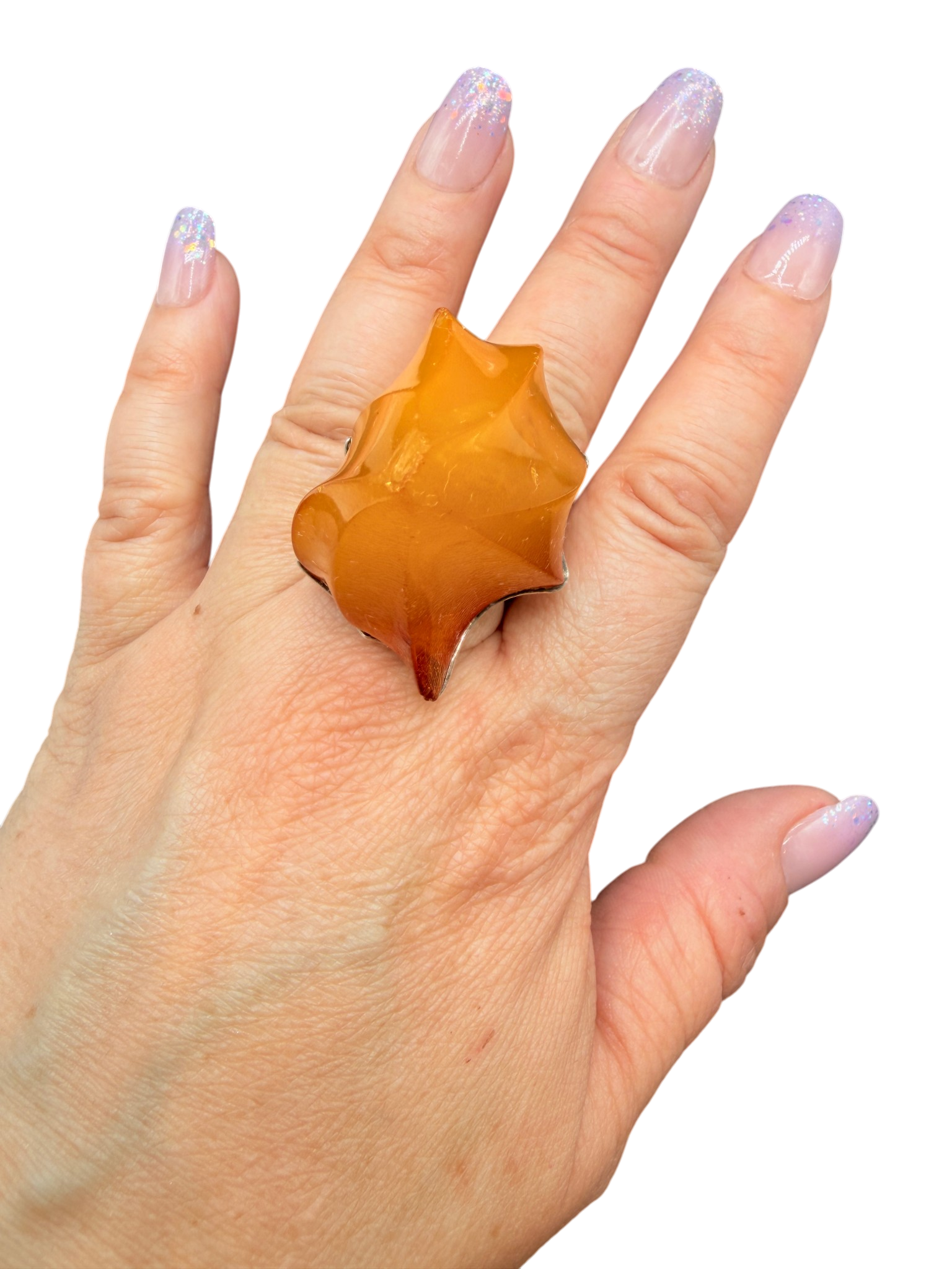 1970s Sterling Silver Brutalist Ring with Carved Butter Amber