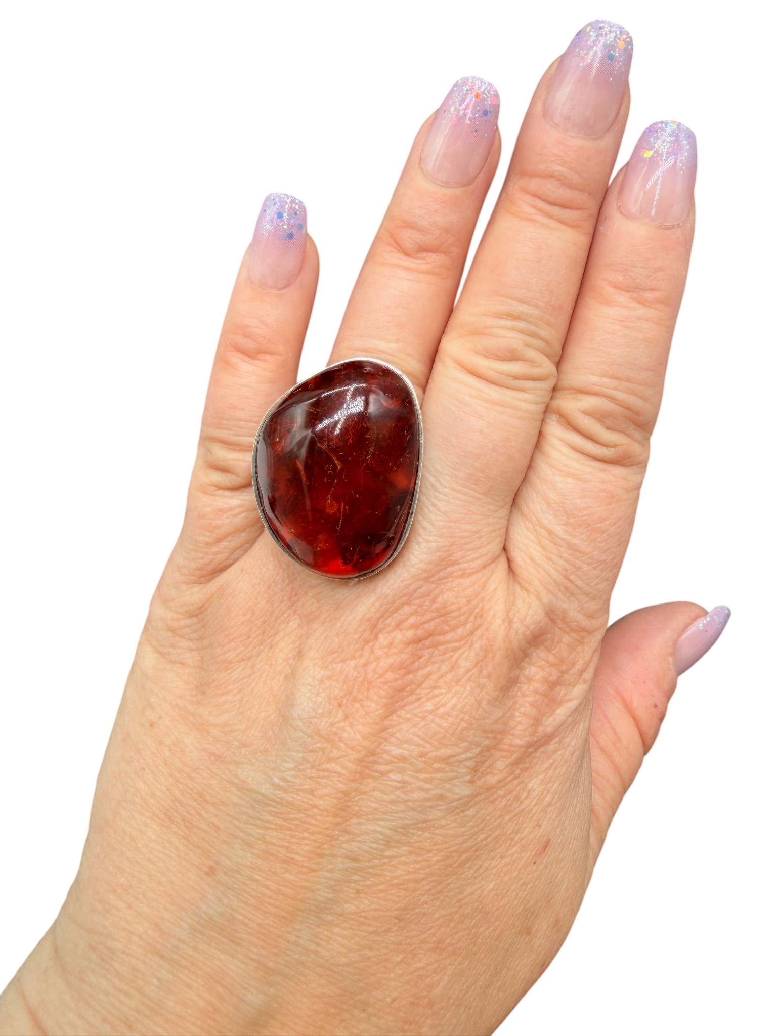 1950 Einer Fehrn Danish Modernist Sterling Silver Ring with Cognac Amber