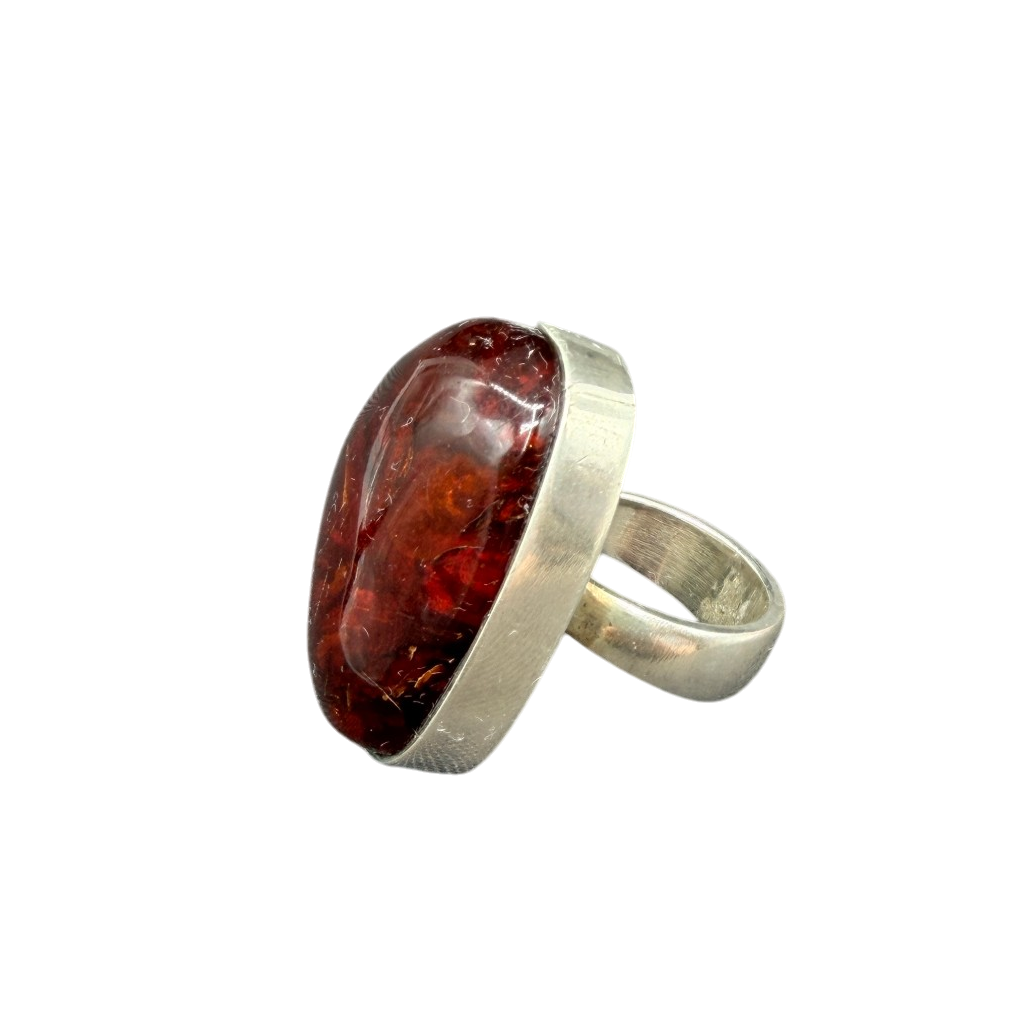 1950 Einer Fehrn Danish Modernist Sterling Silver Ring with Cognac Amber