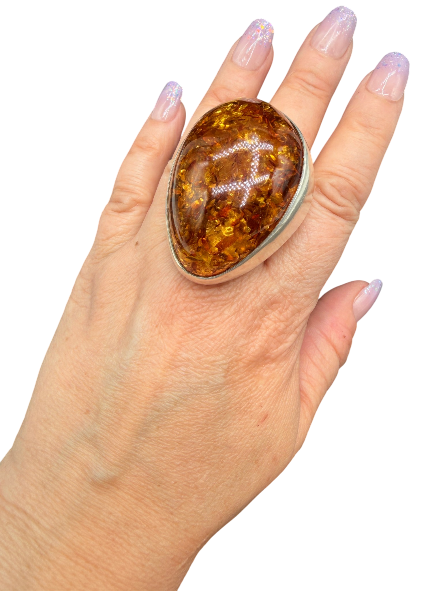 1960s Sterling Silver Modernist Cognac Amber “Moon” Ring with Inclusions