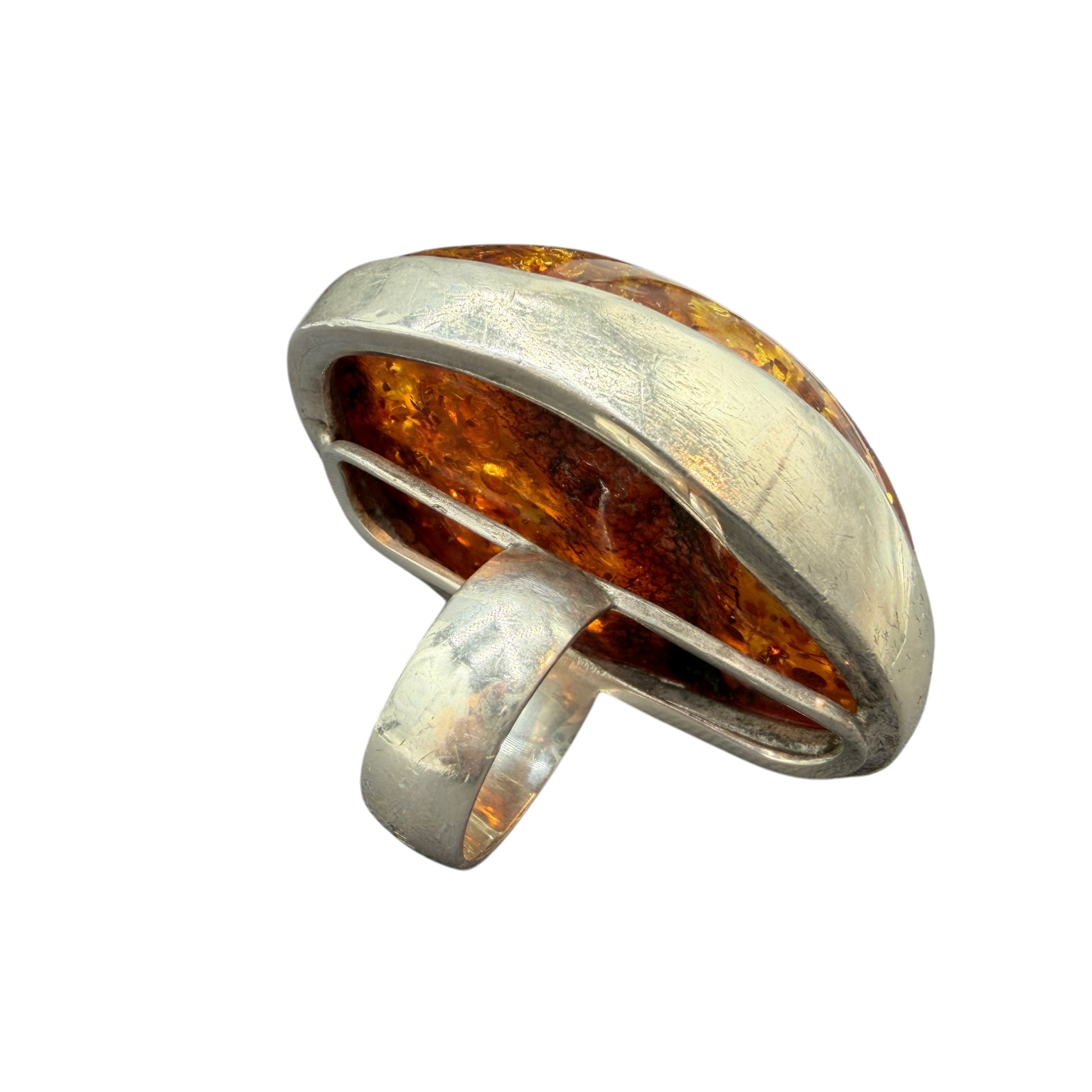1960s Sterling Silver Modernist Cognac Amber “Moon” Ring with Inclusions