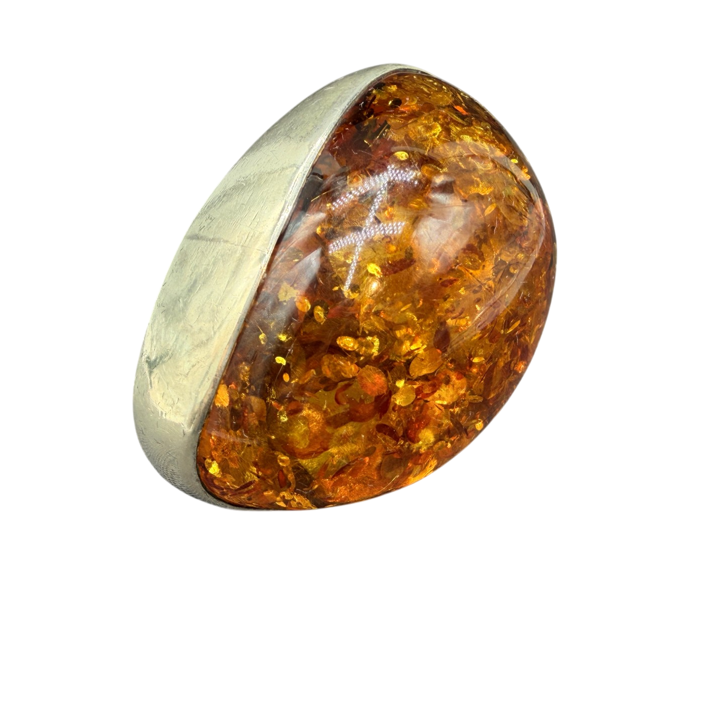 1960s Sterling Silver Modernist Cognac Amber “Moon” Ring with Inclusions