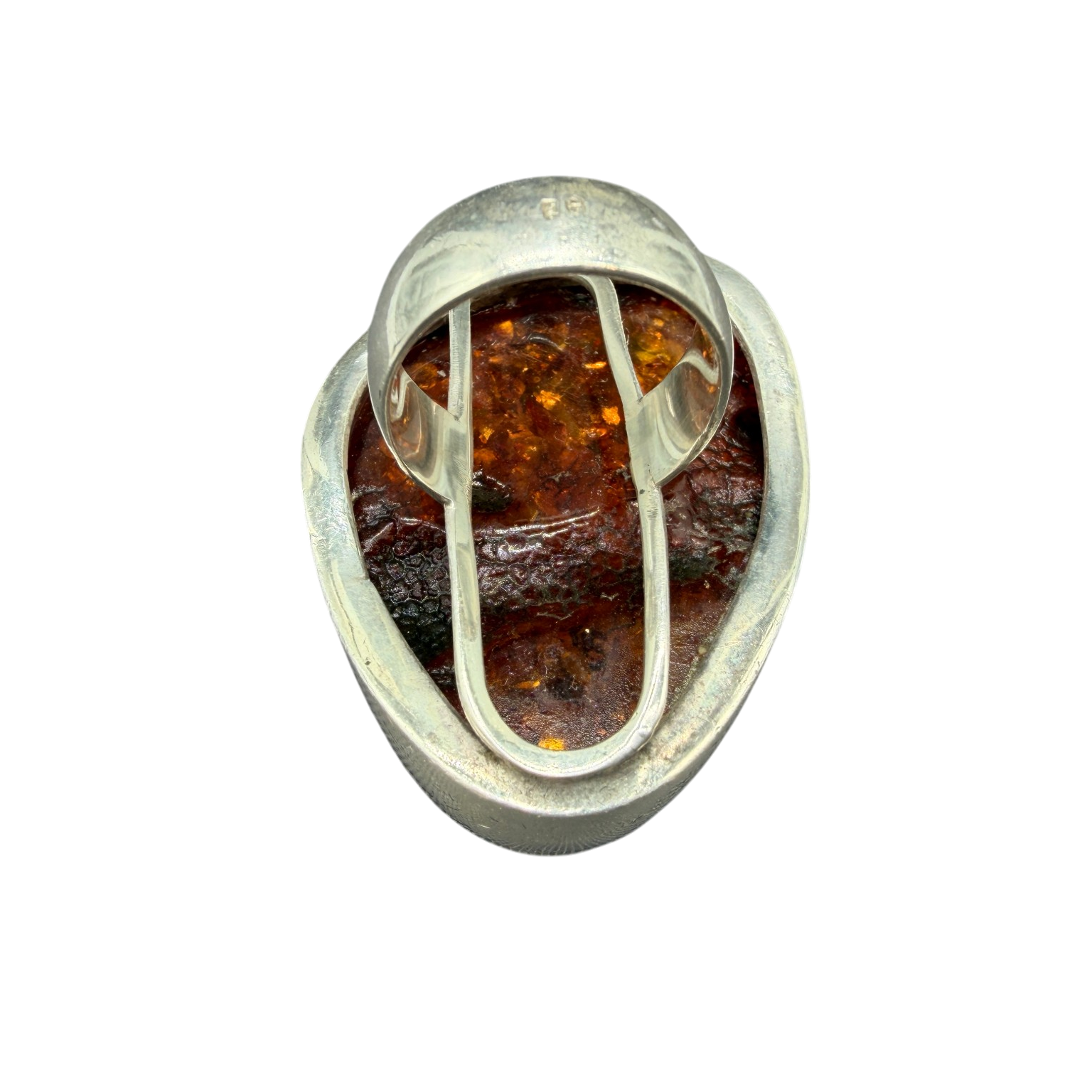 1960s Sterling Silver Modernist Cognac Amber “Moon” Ring with Inclusions