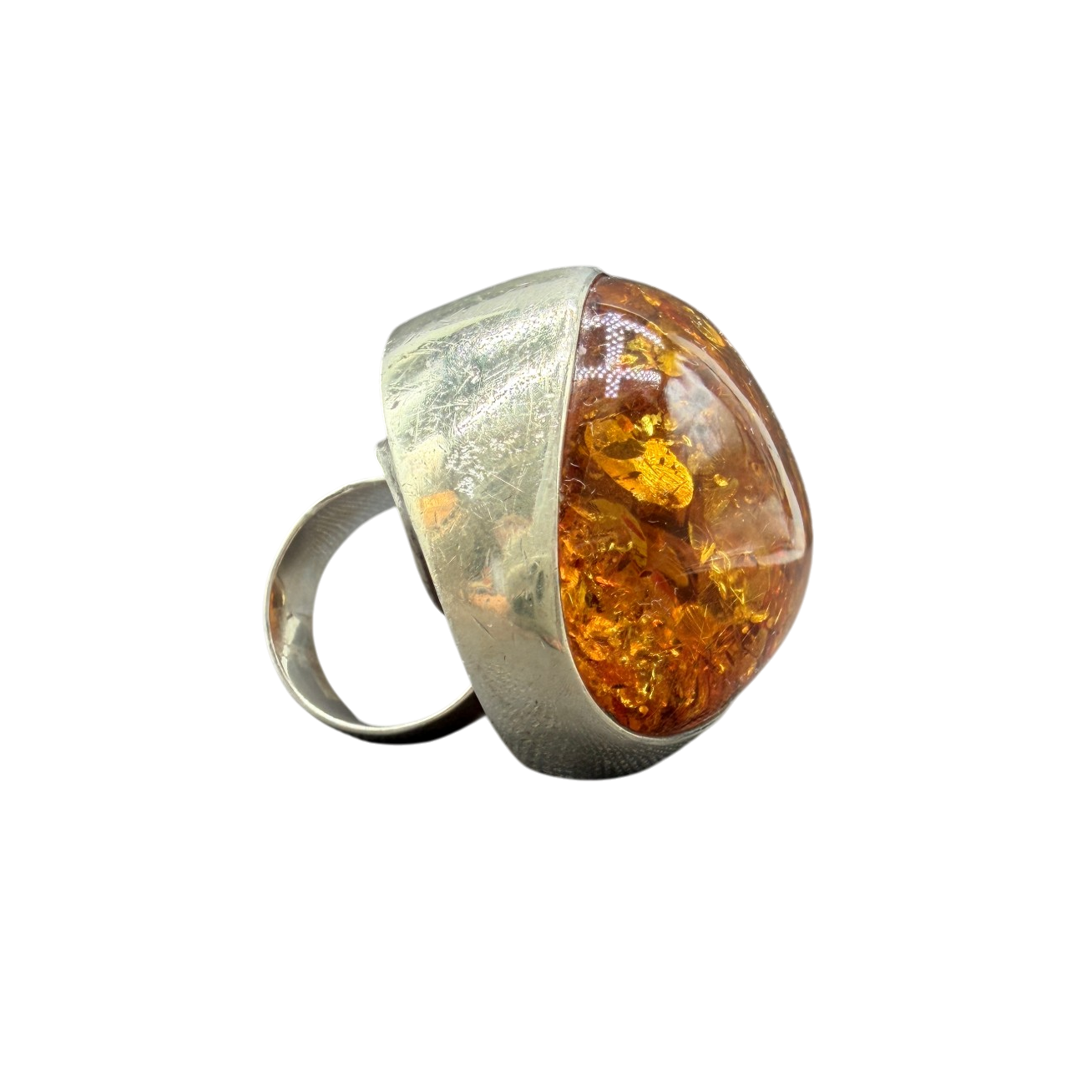 1960s Sterling Silver Modernist Cognac Amber “Moon” Ring with Inclusions