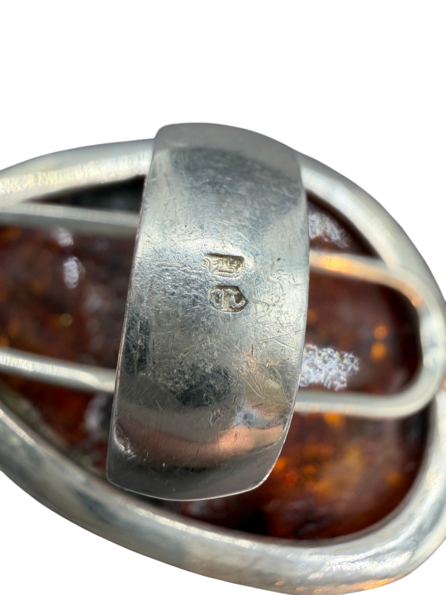 1960s Sterling Silver Modernist Cognac Amber “Moon” Ring with Inclusions