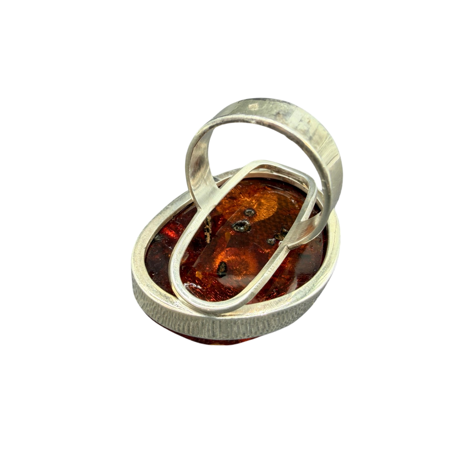 1960s Sterling Silver Ring with Cognac Amber and Inclusions