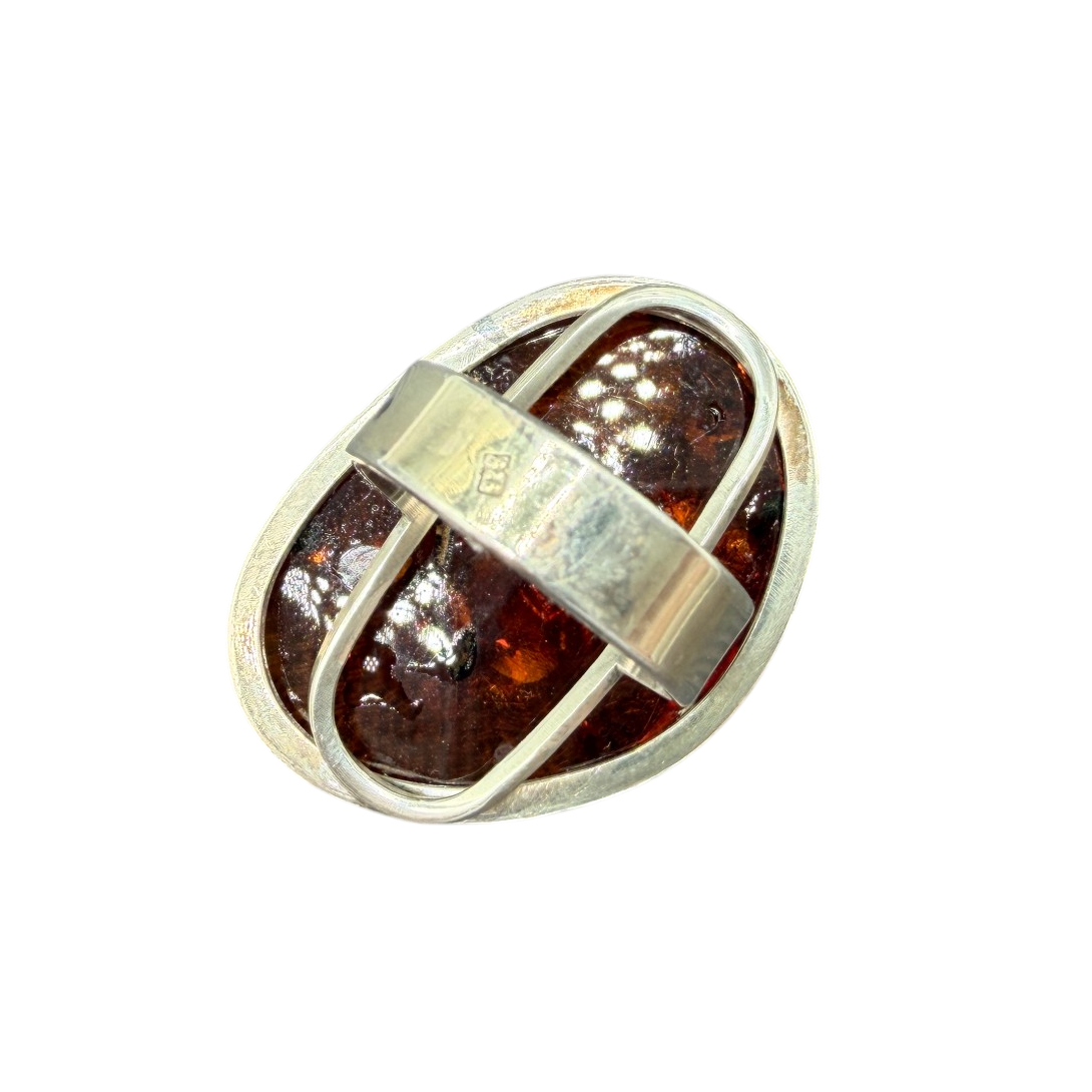 1960s Sterling Silver Ring with Cognac Amber and Inclusions
