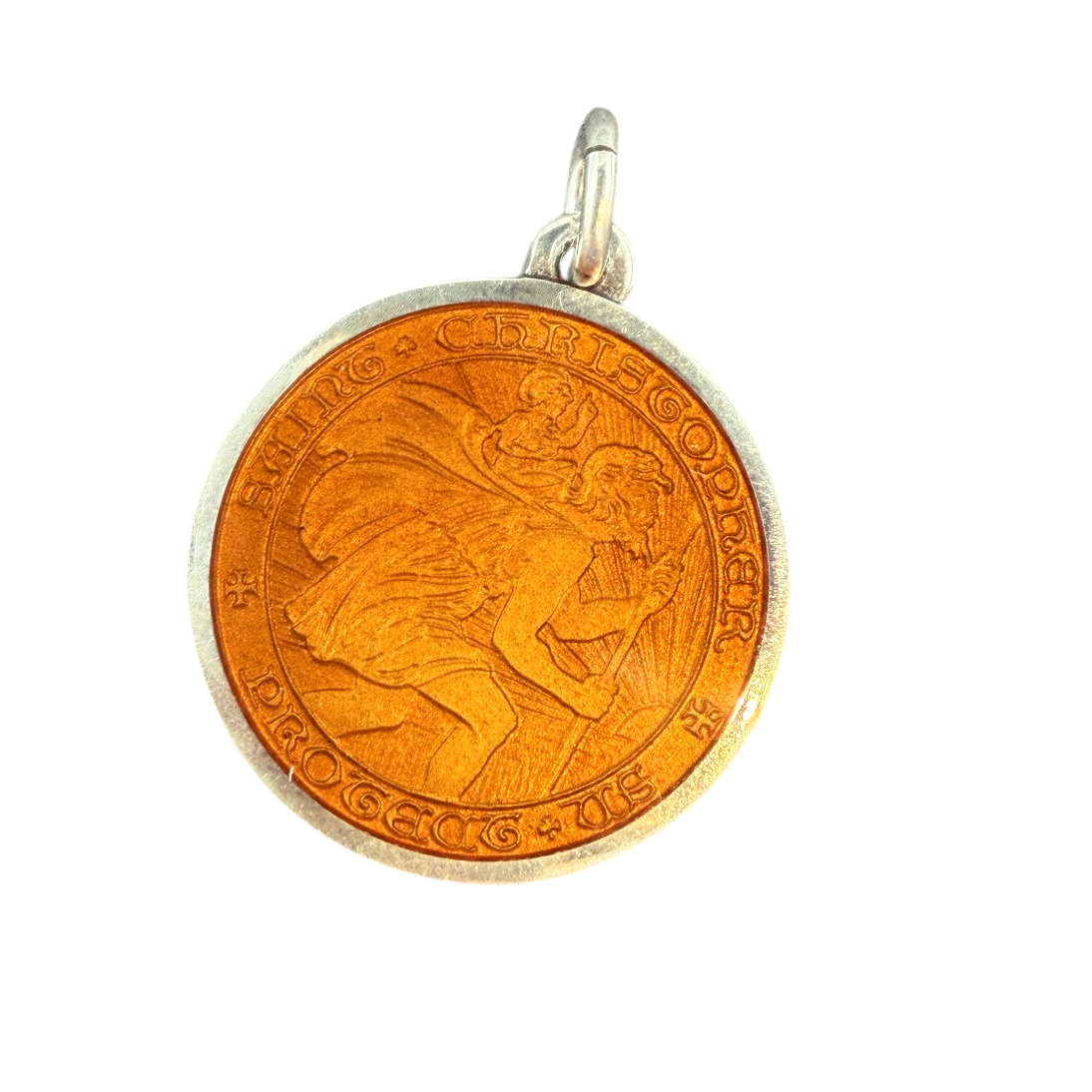 1970s Sterling Silver Tangerine Enamel St. Christopher Pendant