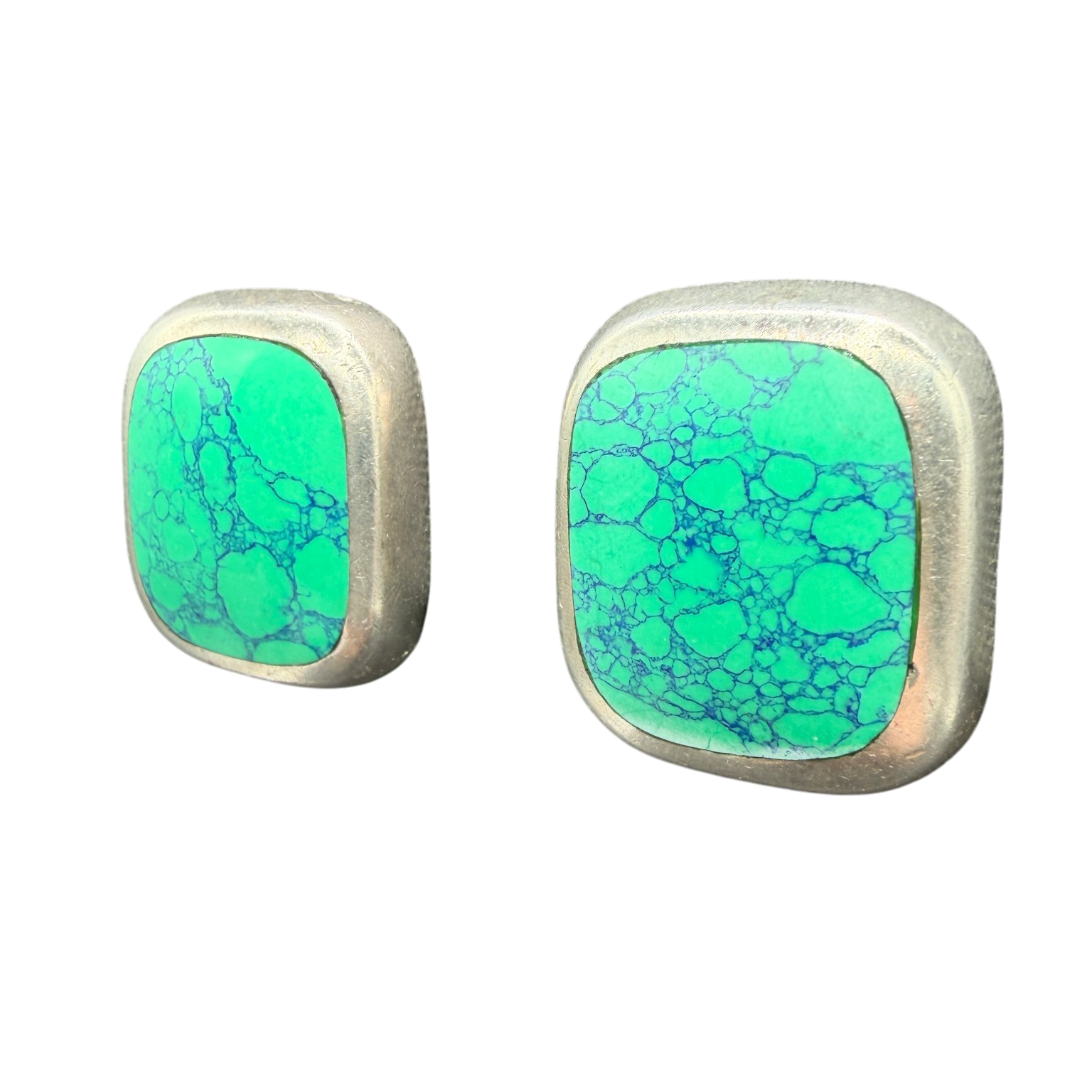 1970s Mexican Sterling Silver Square Clip Earrings with Turquoise Centers
