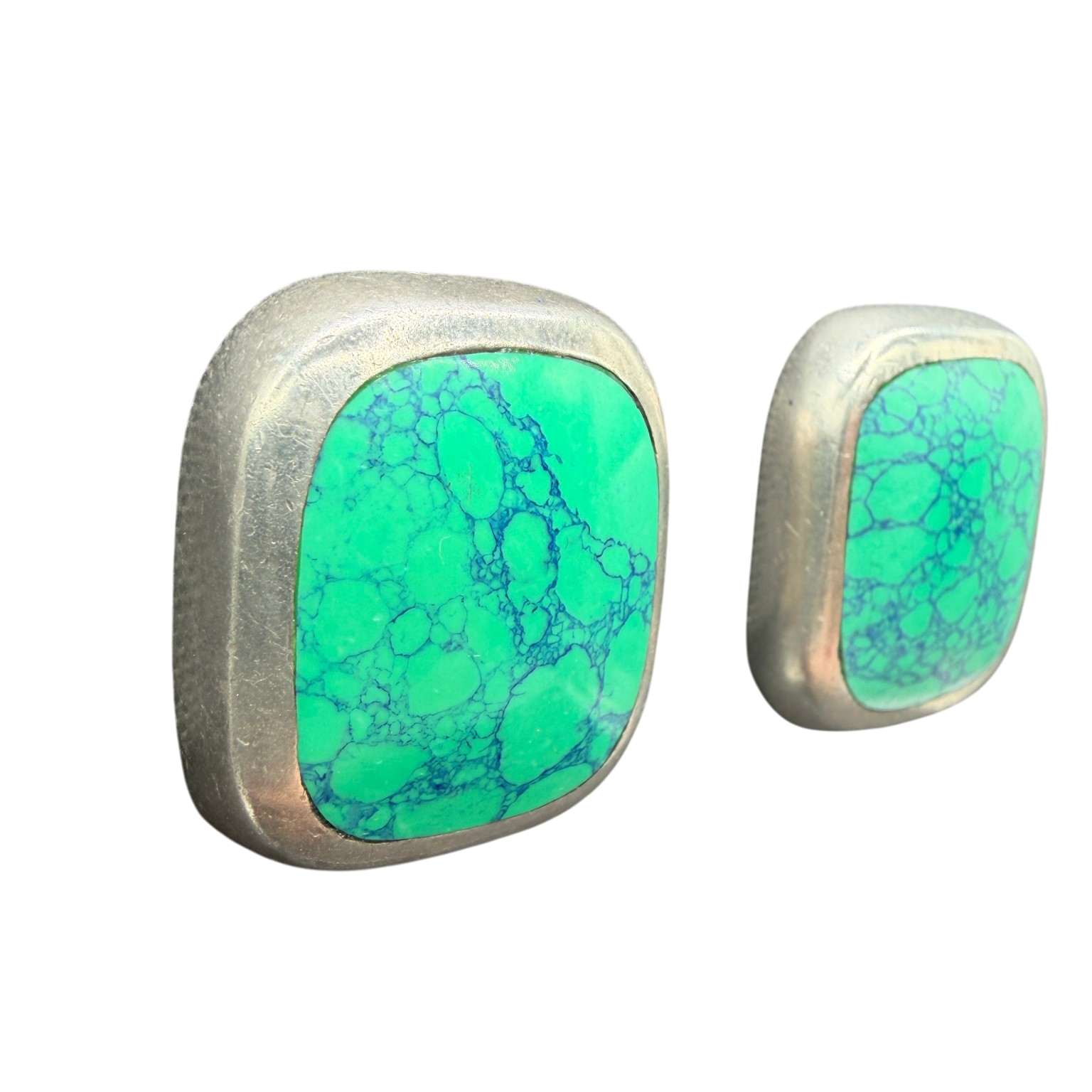 1970s Mexican Sterling Silver Square Clip Earrings with Turquoise Centers