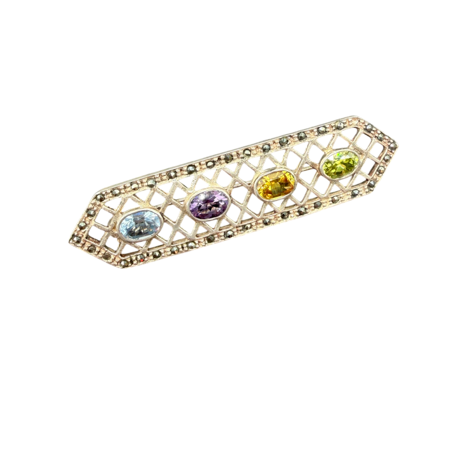 1920s Sterling Silver Openwork Bar Brooch with Multi-Gemstones