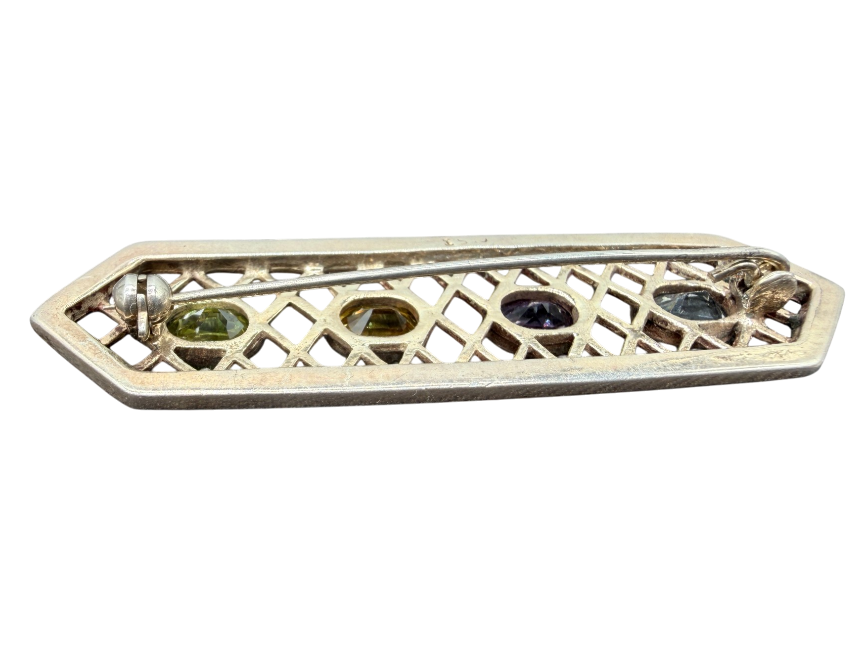 1920s Sterling Silver Openwork Bar Brooch with Multi-Gemstones