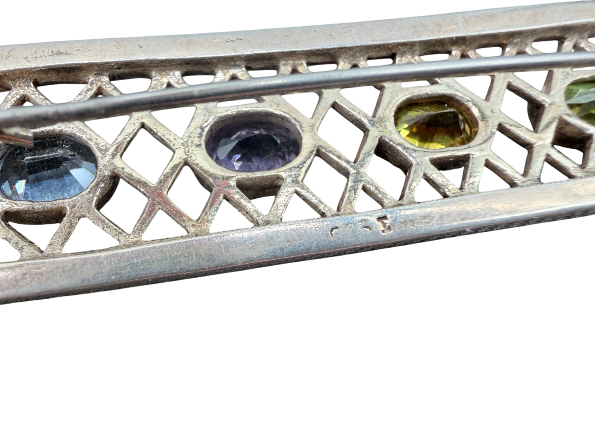 1920s Sterling Silver Openwork Bar Brooch with Multi-Gemstones