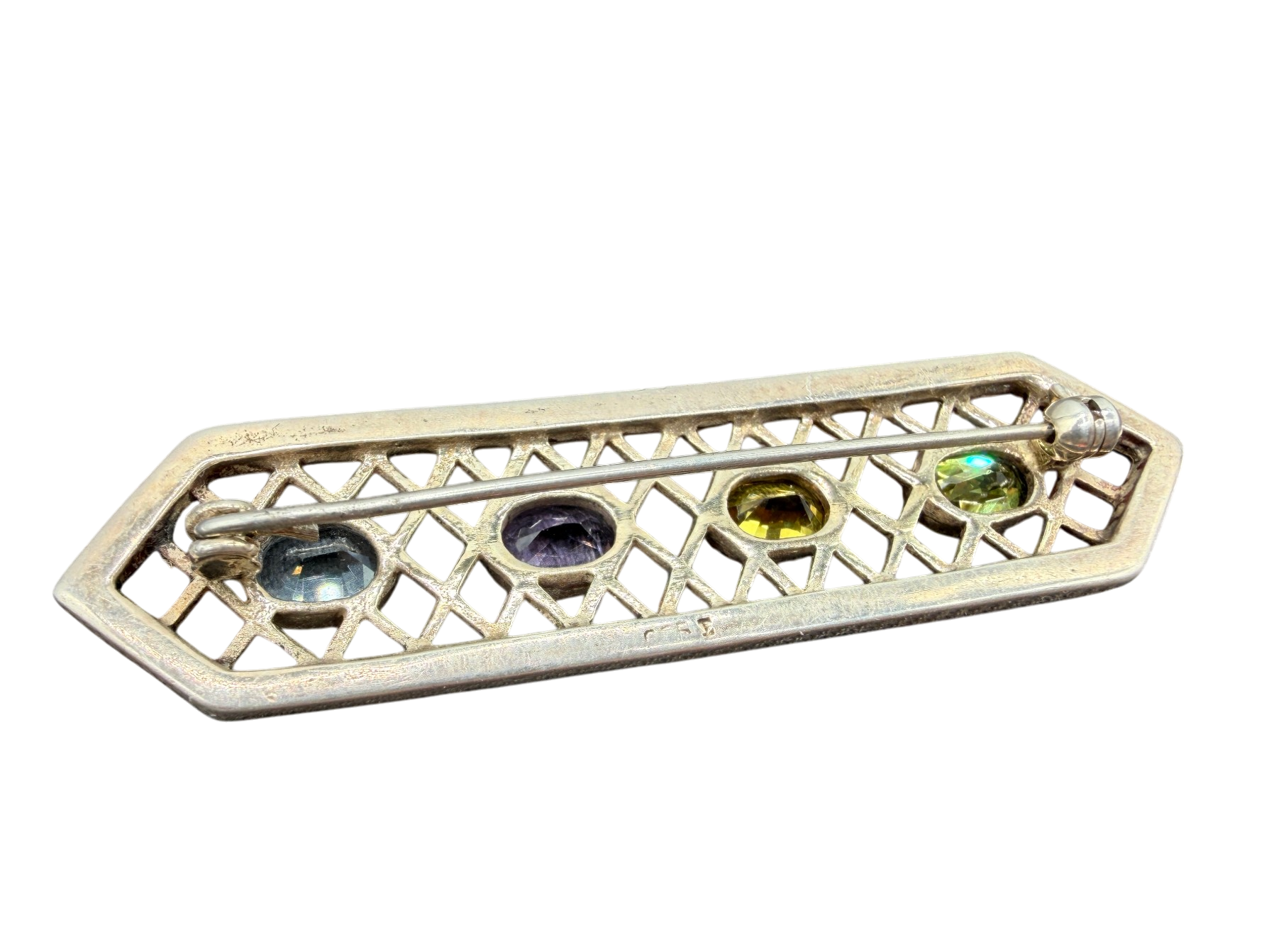 1920s Sterling Silver Openwork Bar Brooch with Multi-Gemstones