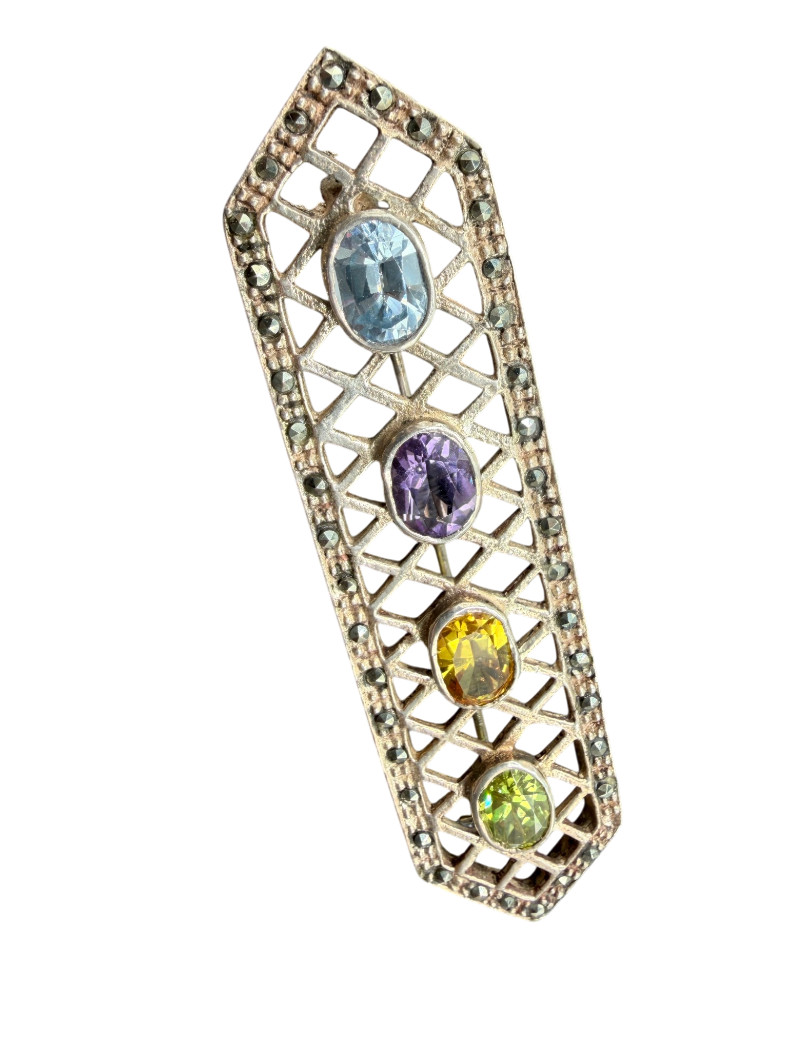 1920s Sterling Silver Openwork Bar Brooch with Multi-Gemstones