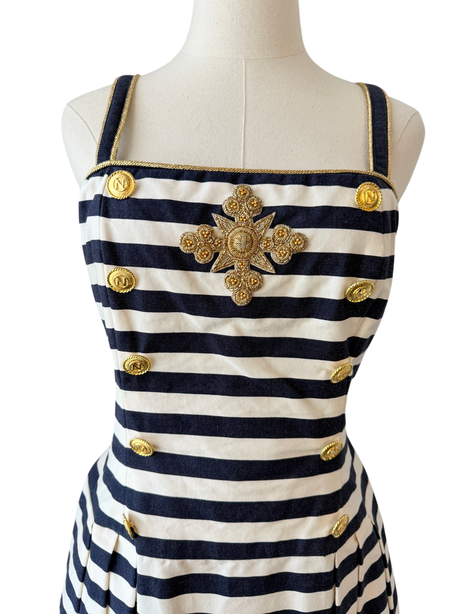 1970s Albert Nipon Nautical Cotton Fit & Flare Dress with Beaded Emblem