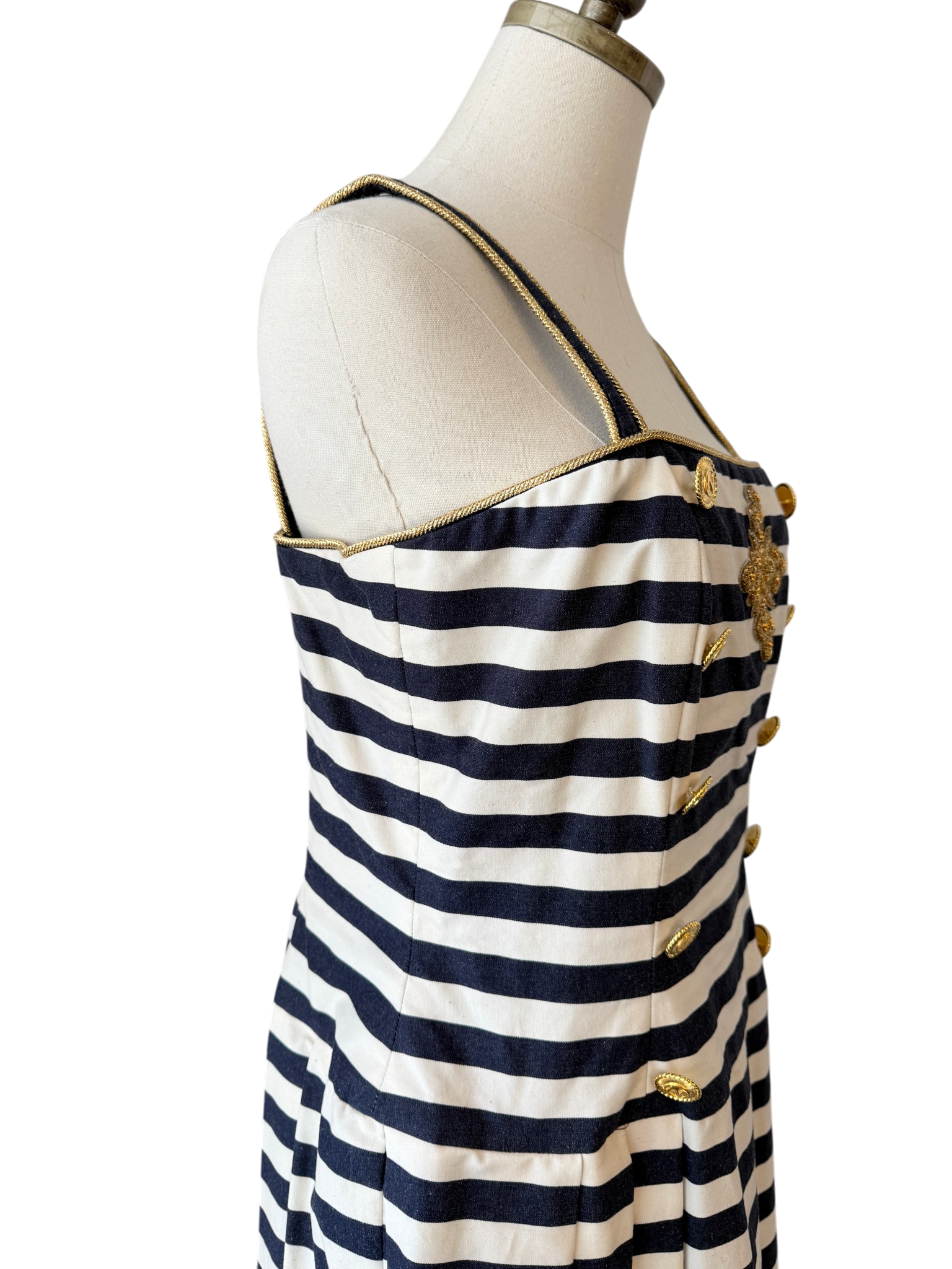1970s Albert Nipon Nautical Cotton Fit & Flare Dress with Beaded Emblem