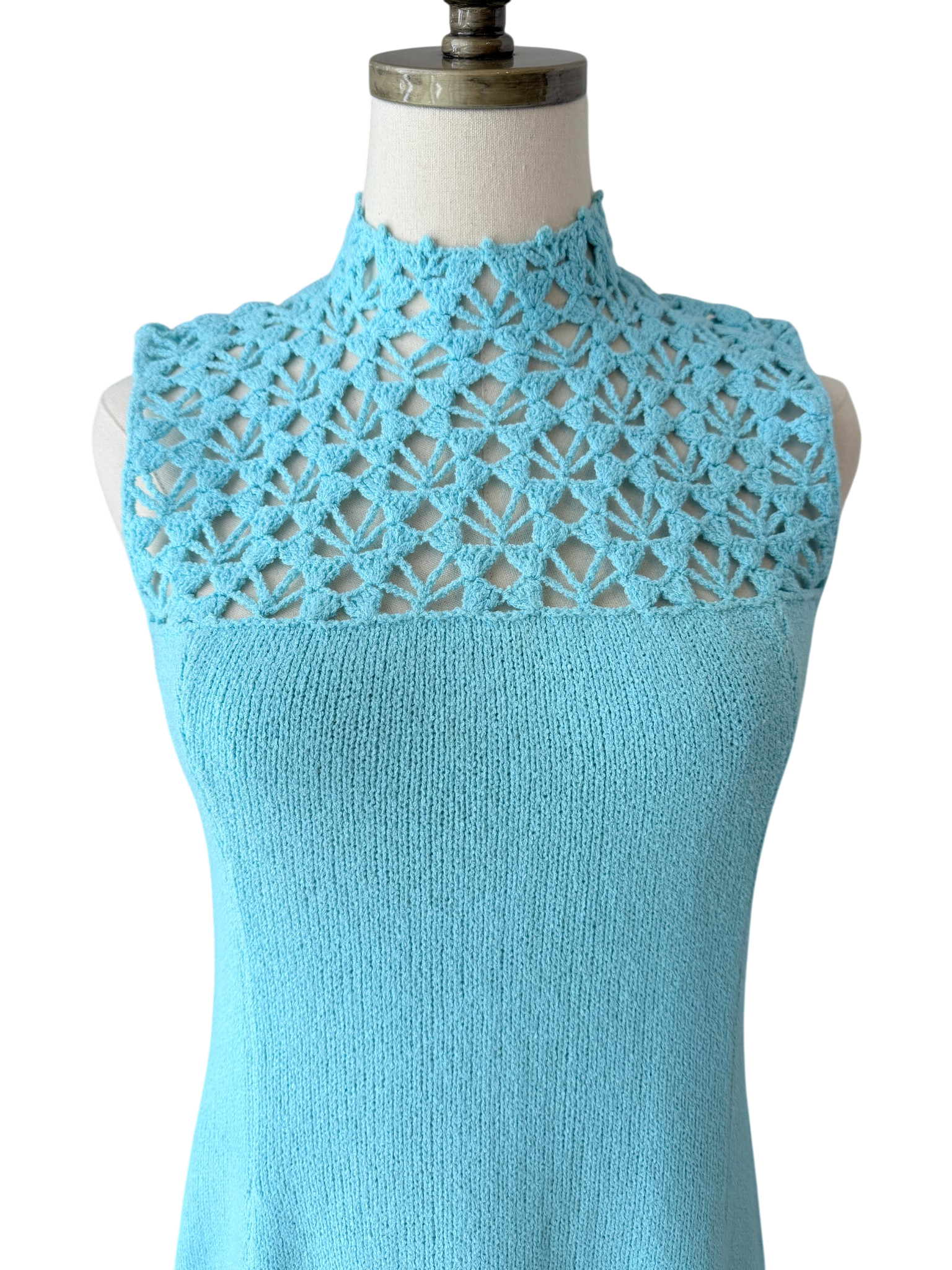 1960s Marie St. John Aqua Knit Crochet Tank Shift Dress