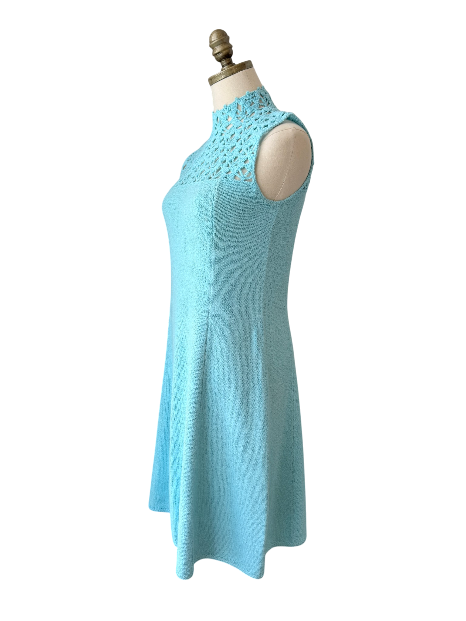 1960s Marie St. John Aqua Knit Crochet Tank Shift Dress