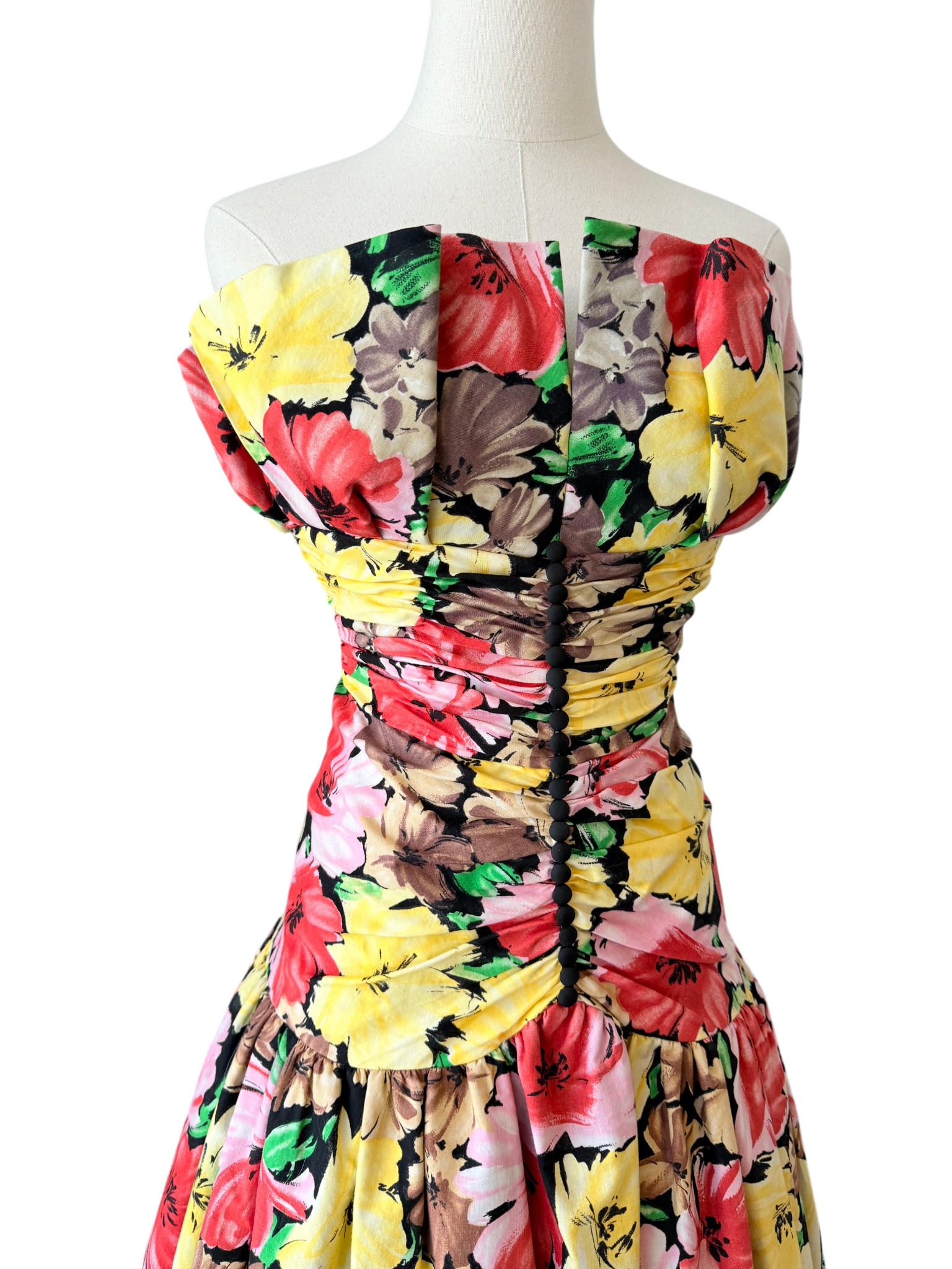1980s Victor Costa Floral Strapless Cotton Dress with Ruched Waist and Balloon Skirt