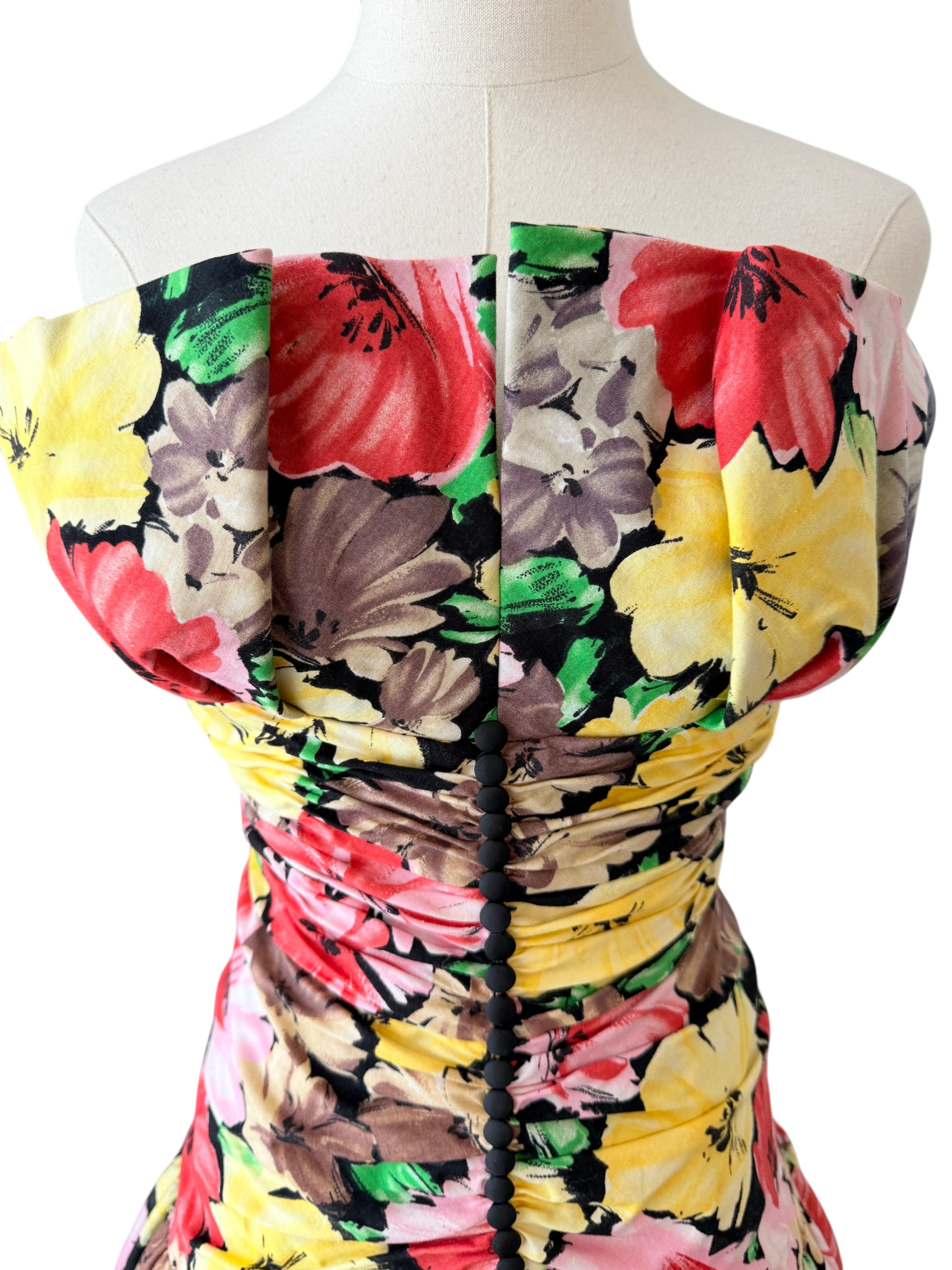 1980s Victor Costa Floral Strapless Cotton Dress with Ruched Waist and Balloon Skirt
