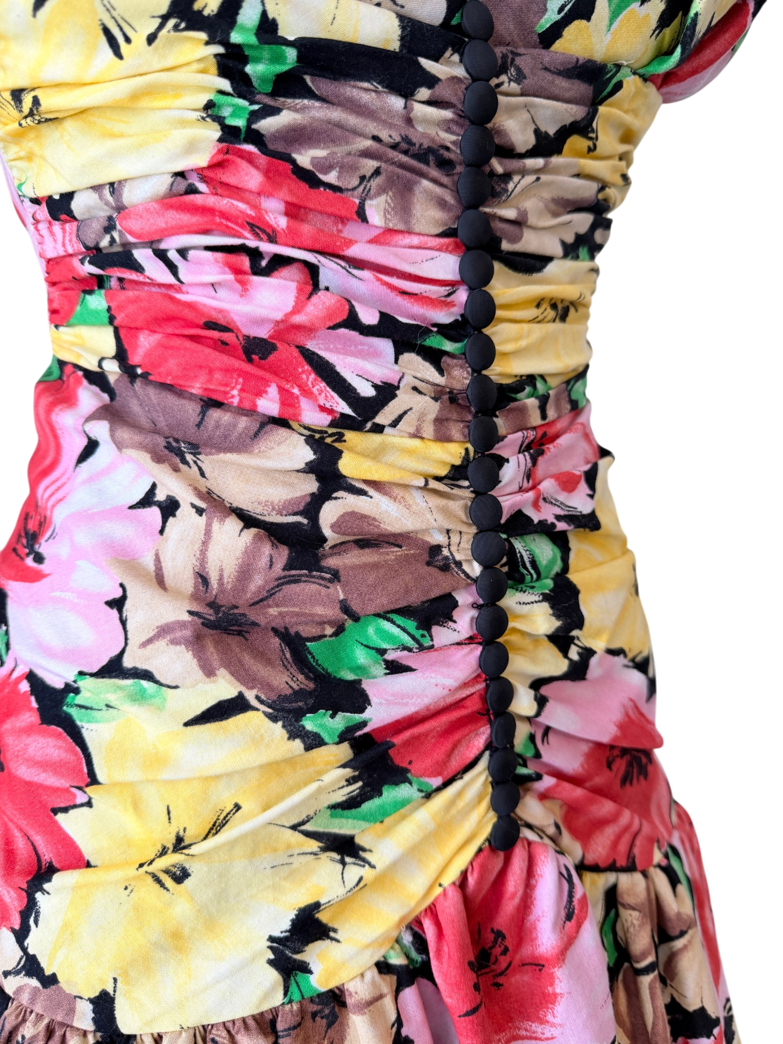 1980s Victor Costa Floral Strapless Cotton Dress with Ruched Waist and Balloon Skirt