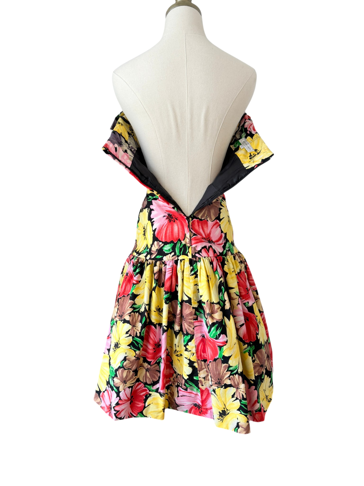 1980s Victor Costa Floral Strapless Cotton Dress with Ruched Waist and Balloon Skirt
