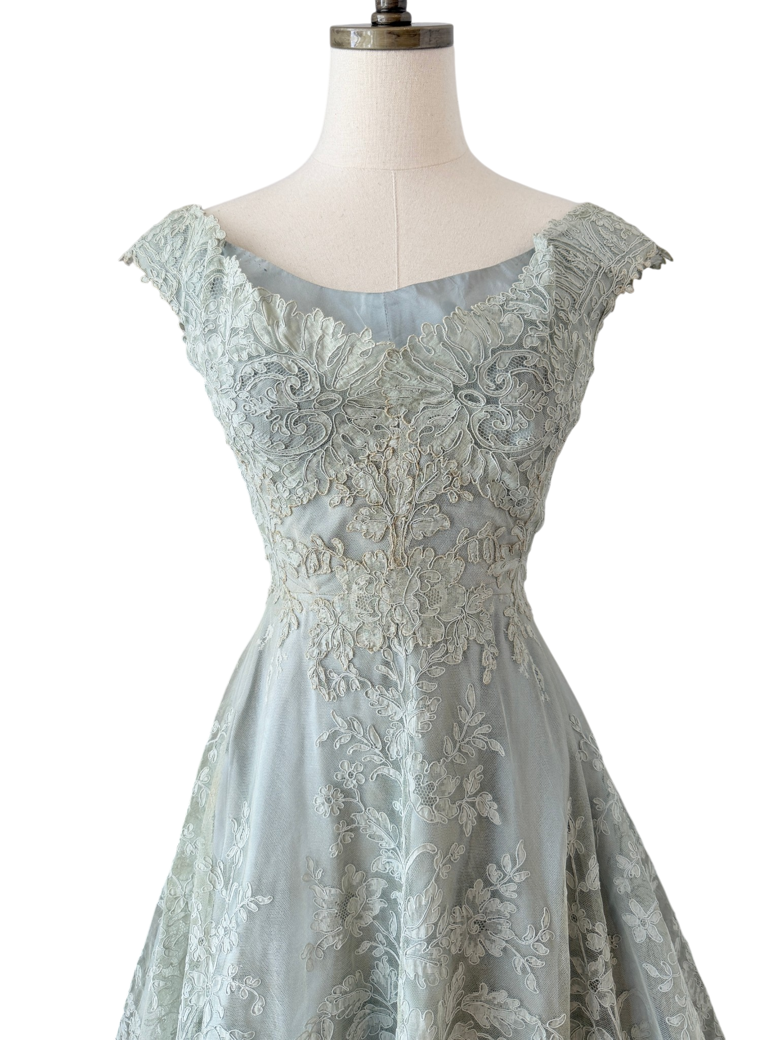 1953 Custom-Made Seafoam Lace & Taffeta Evening Dress with Sash and Matching Belt