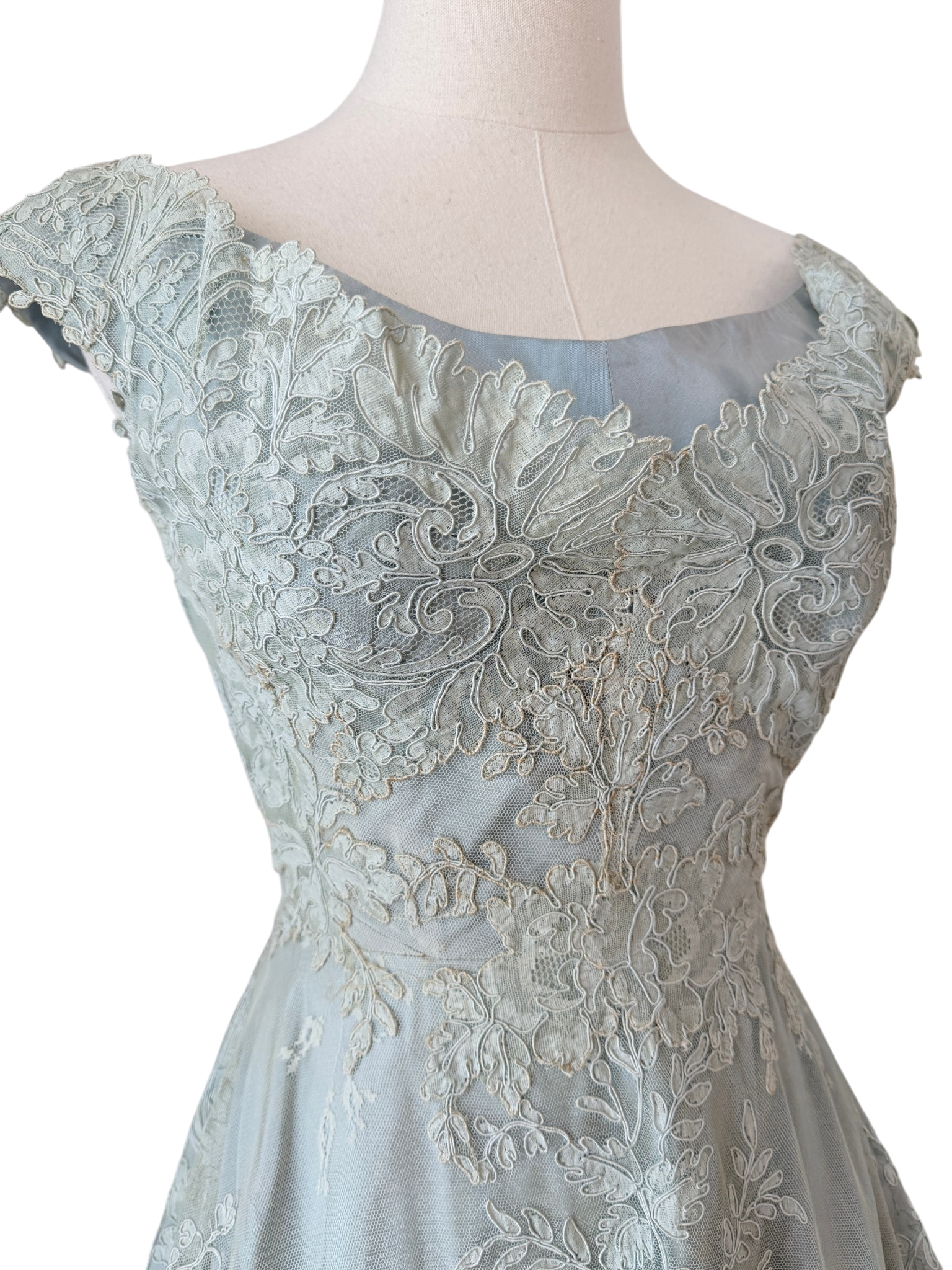 1953 Custom-Made Seafoam Lace & Taffeta Evening Dress with Sash and Matching Belt