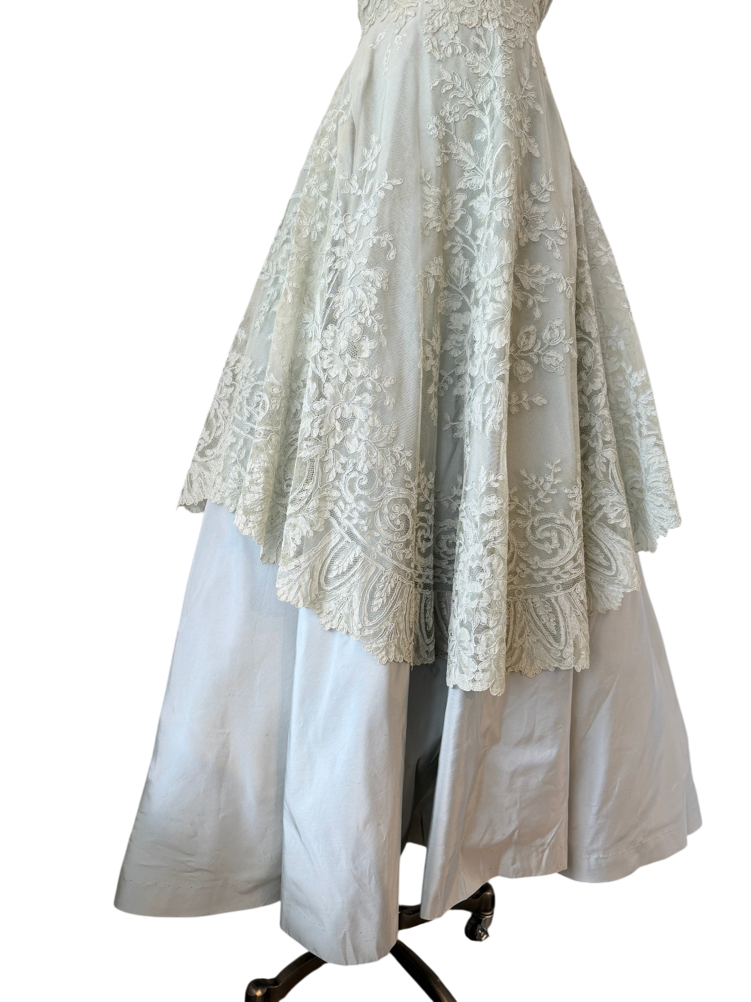 1953 Custom-Made Seafoam Lace & Taffeta Evening Dress with Sash and Matching Belt