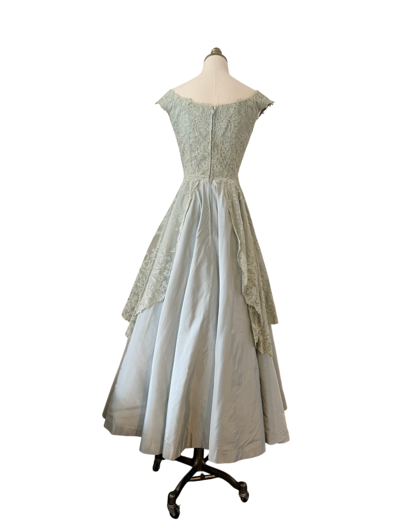 1953 Custom-Made Seafoam Lace & Taffeta Evening Dress with Sash and Matching Belt