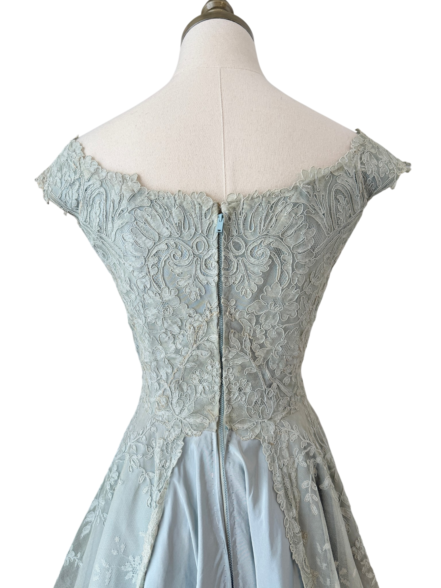 1953 Custom-Made Seafoam Lace & Taffeta Evening Dress with Sash and Matching Belt