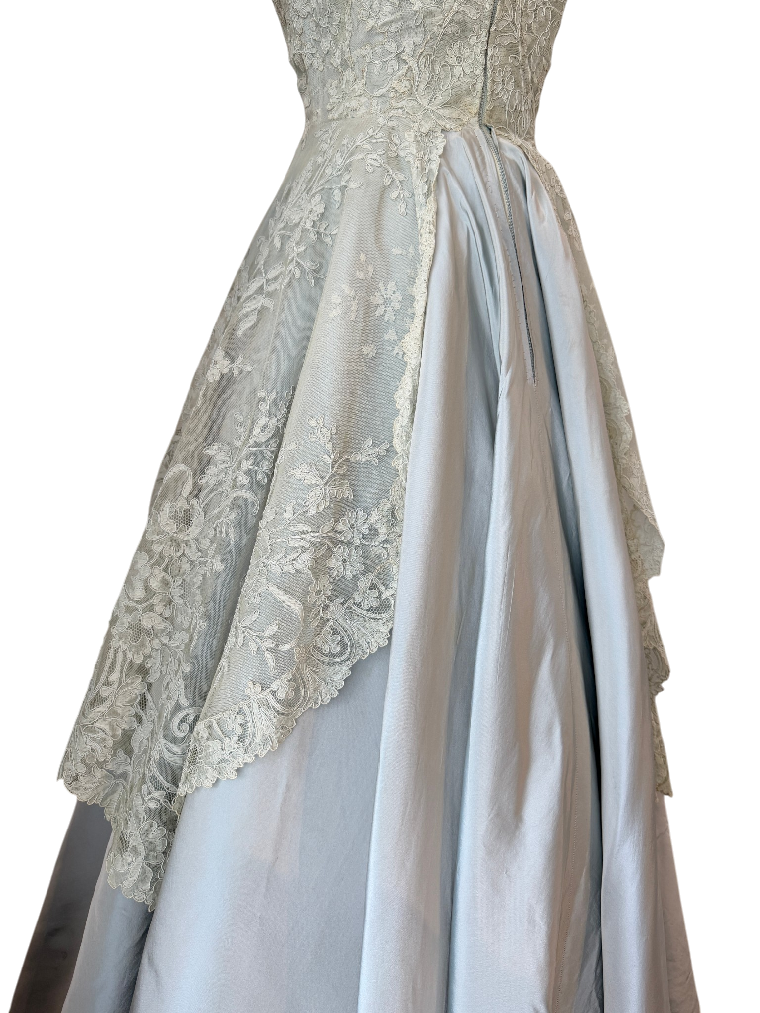 1953 Custom-Made Seafoam Lace & Taffeta Evening Dress with Sash and Matching Belt