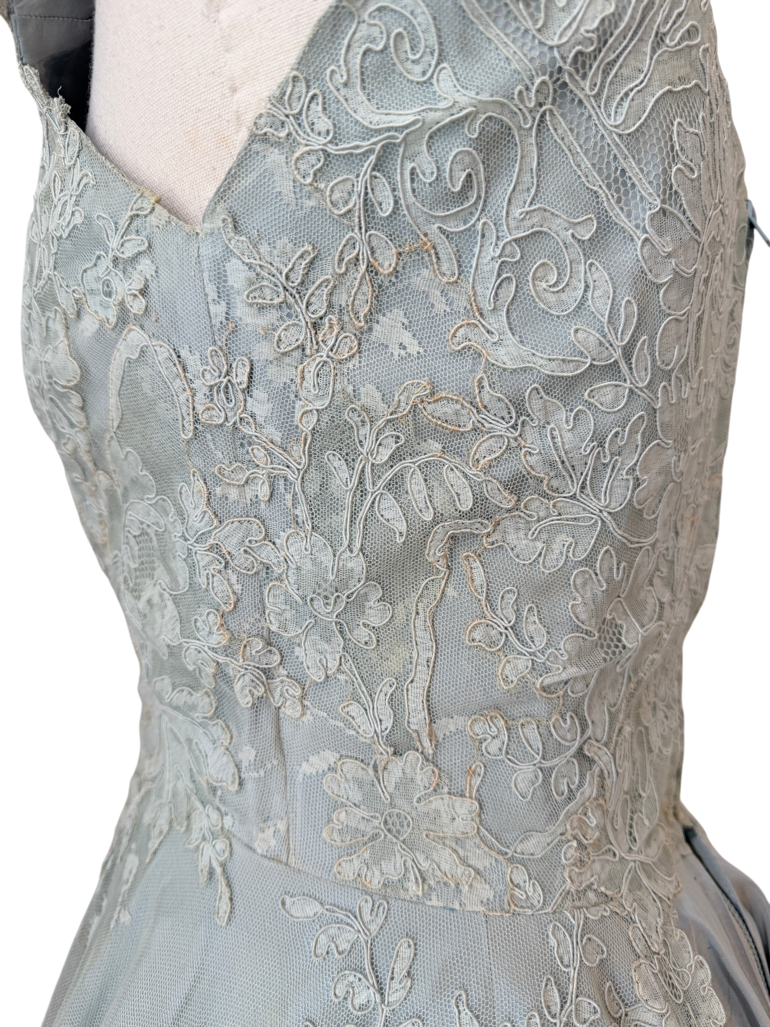 1953 Custom-Made Seafoam Lace & Taffeta Evening Dress with Sash and Matching Belt