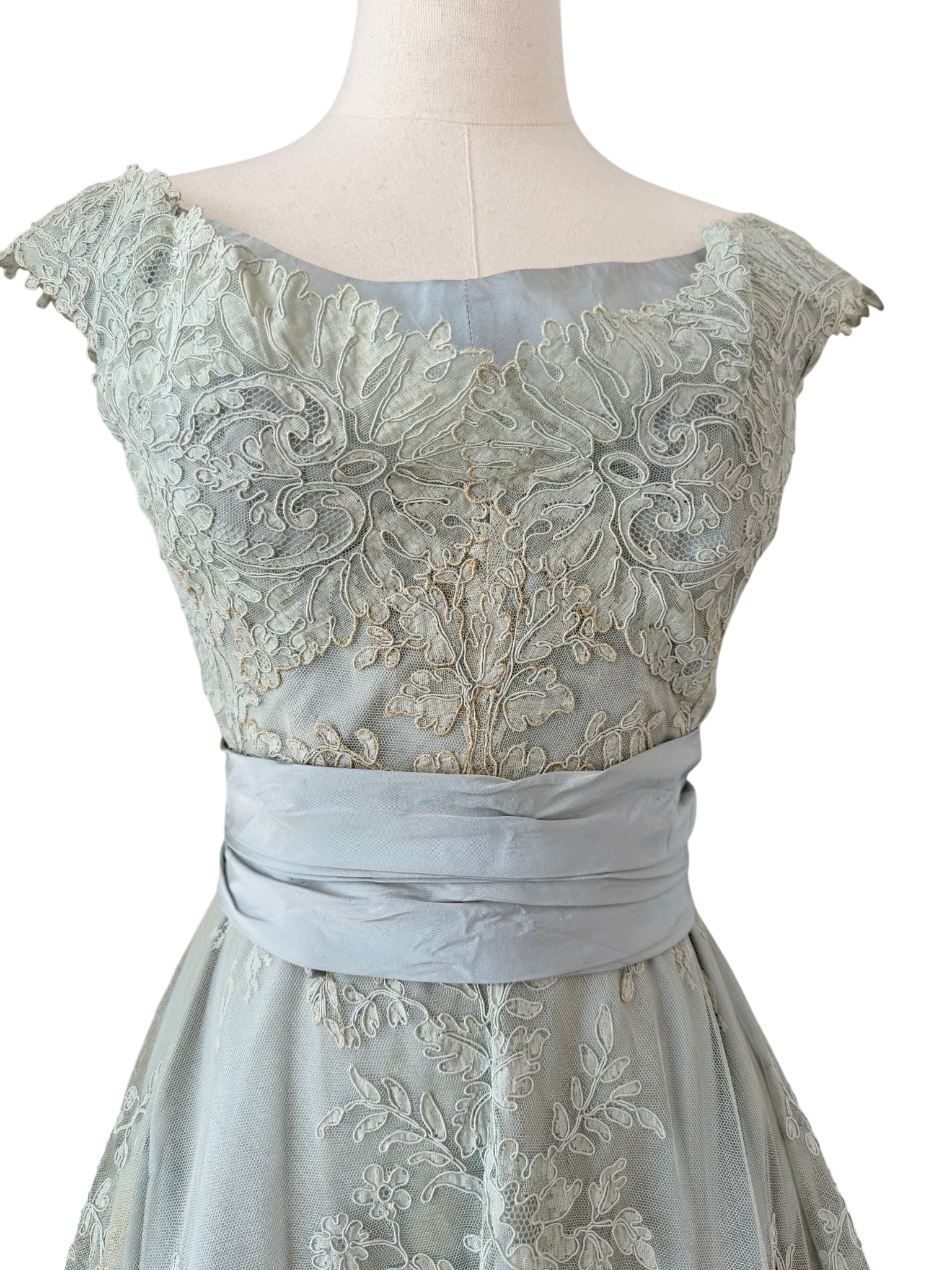 1953 Custom-Made Seafoam Lace & Taffeta Evening Dress with Sash and Matching Belt