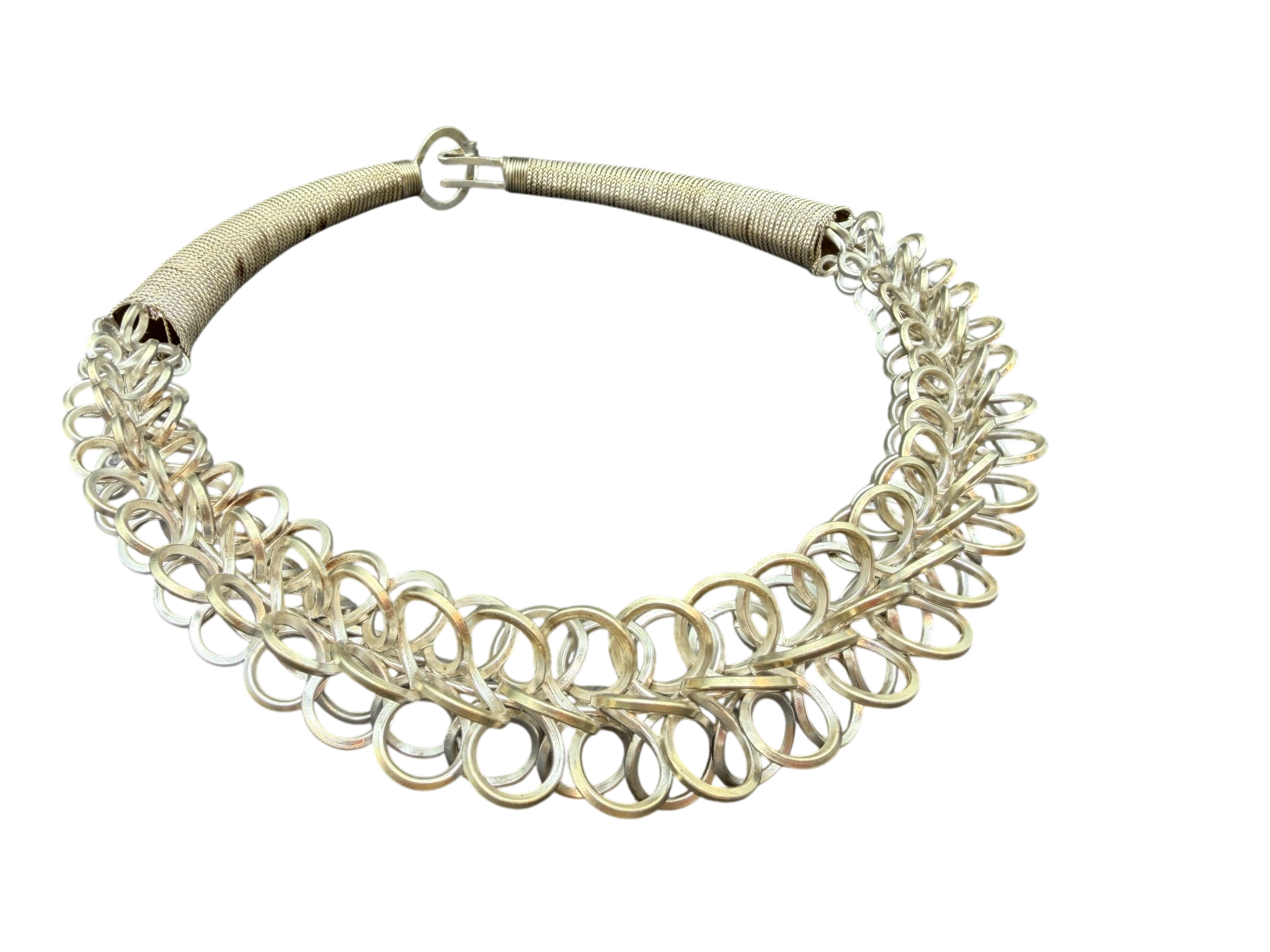 1970s Tribal Sterling Silver Collar Necklace with Wrapped Chain and Twisted Loop Detail