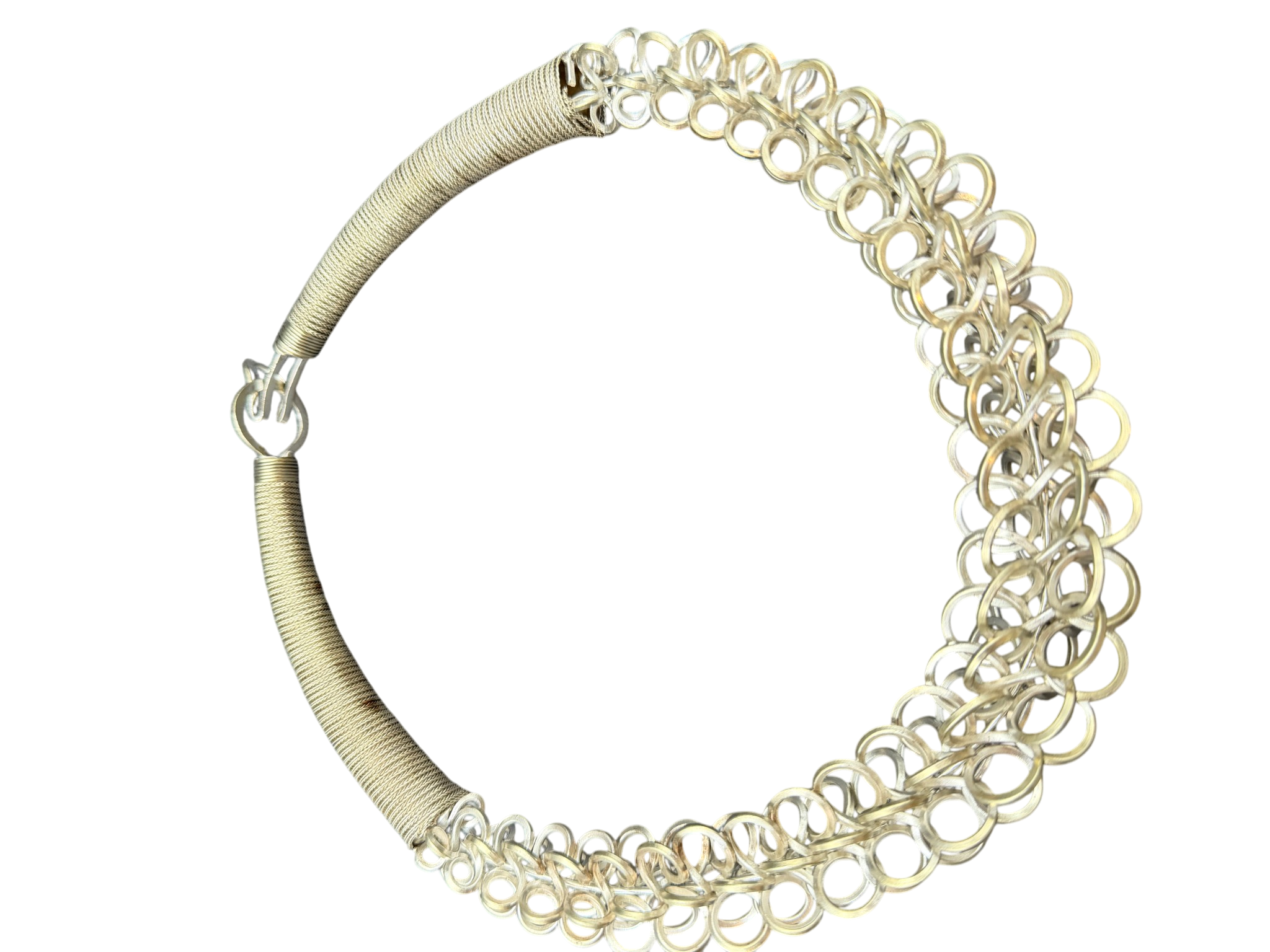 1970s Tribal Sterling Silver Collar Necklace with Wrapped Chain and Twisted Loop Detail