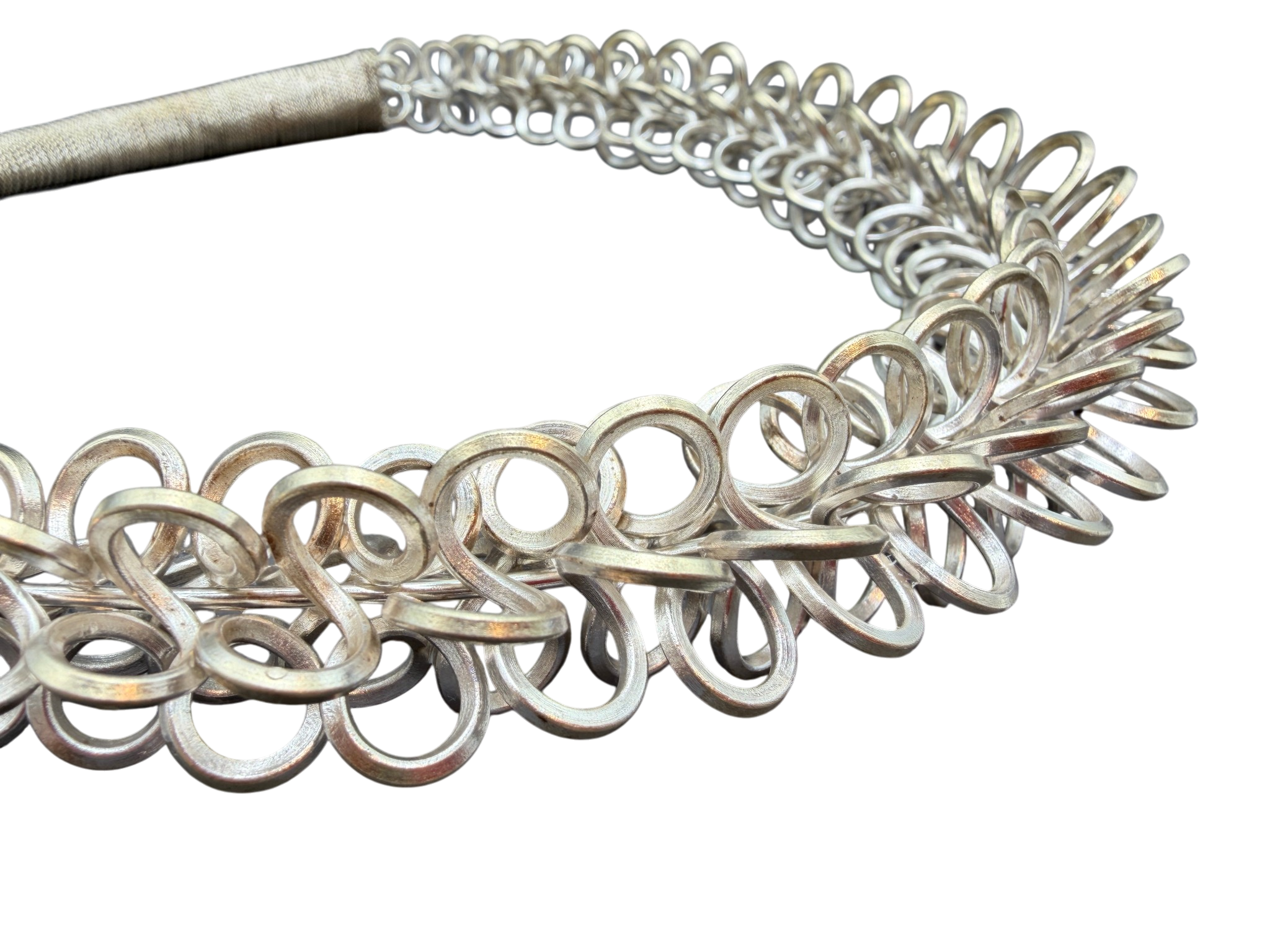 1970s Tribal Sterling Silver Collar Necklace with Wrapped Chain and Twisted Loop Detail