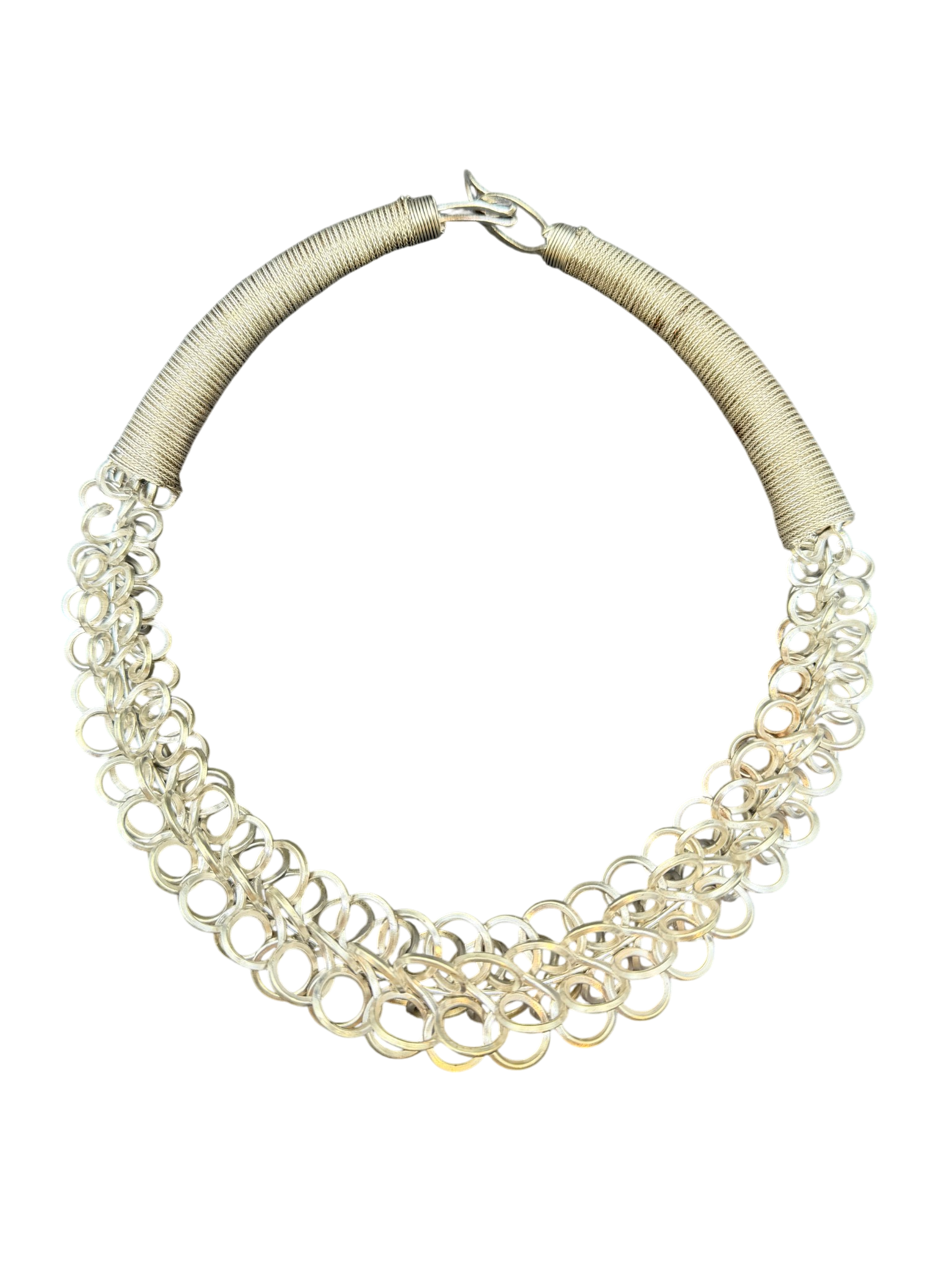 1970s Tribal Sterling Silver Collar Necklace with Wrapped Chain and Twisted Loop Detail