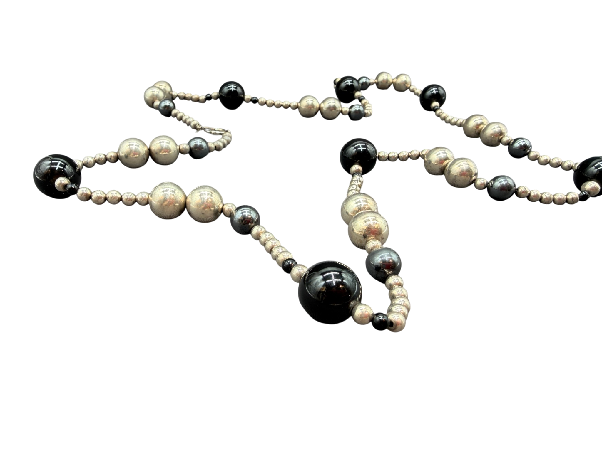 Sterling Silver, Hematite & Onyx Beaded Necklace with 12K Gold-Filled Clasp