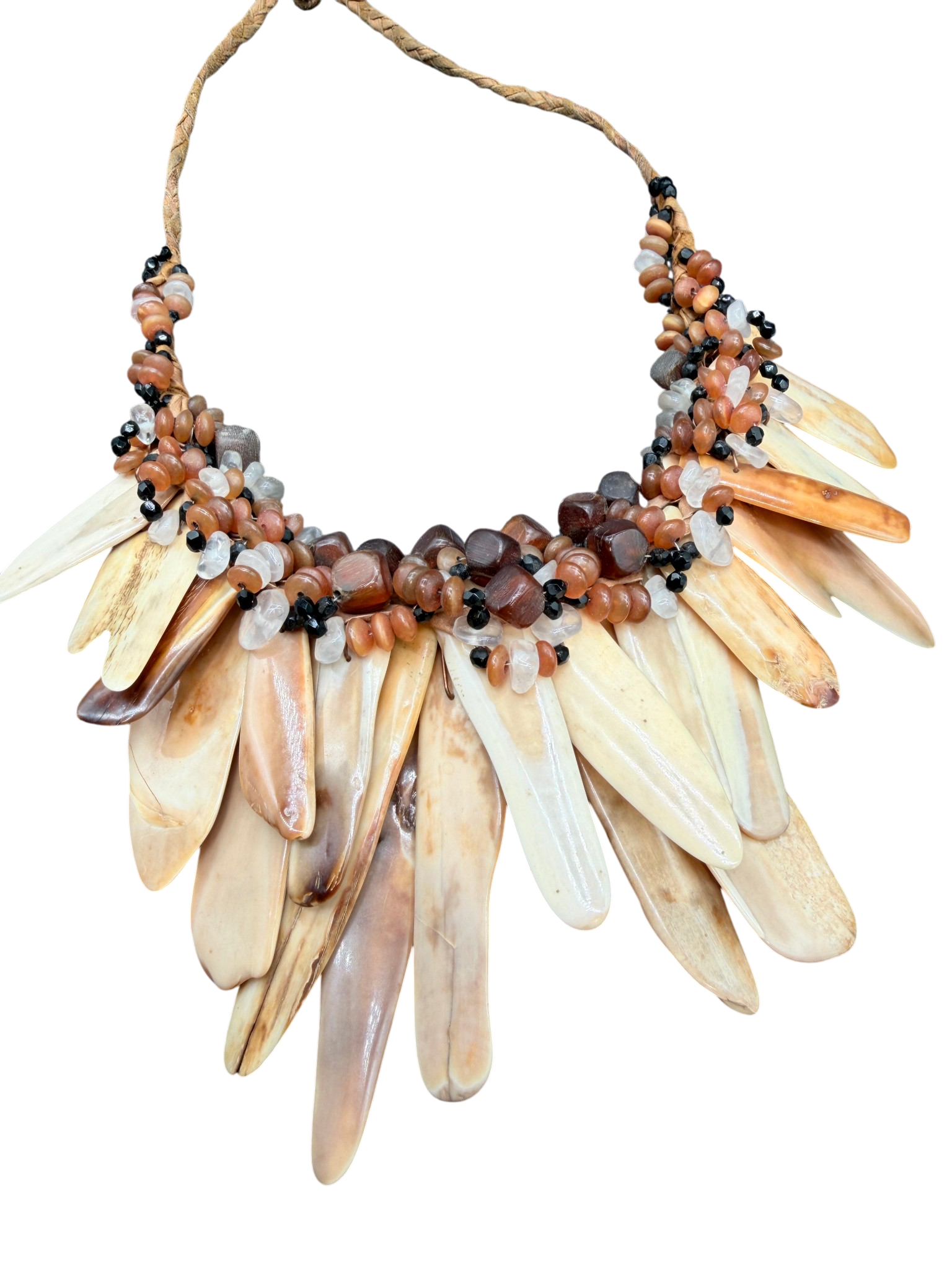 1970s Tribal Braided Leather Bib Necklace with Amber, Quartz & Bone